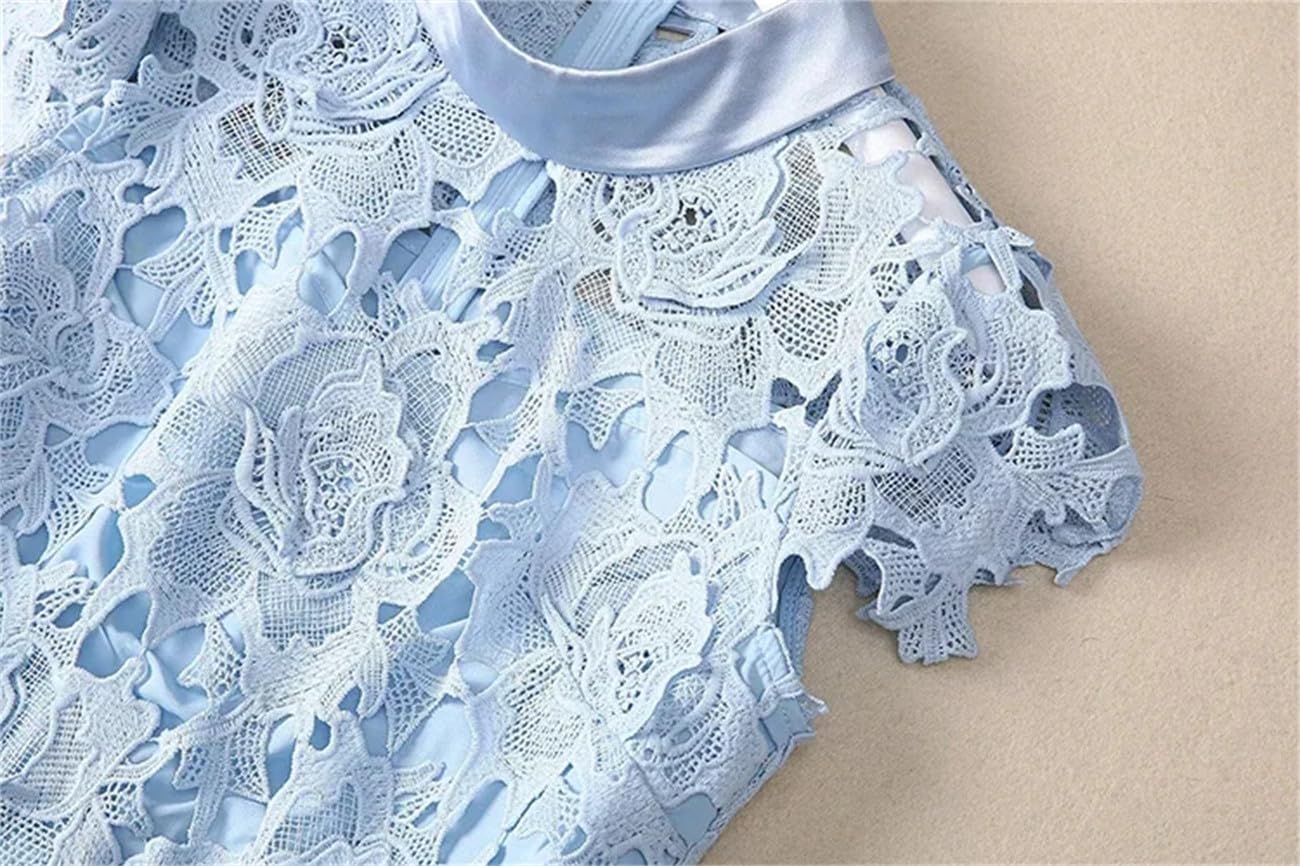 Yeuyyben Moda Primavera Donne Vestito Manica Corta Stand Collare Chic Pizzo Scava Fuori Estate Elegante Partito Abiti