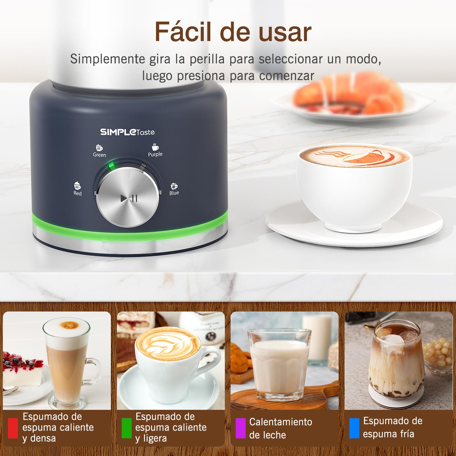 SIMPLETASTE Espumador de Leche Eléctrico 4 en 1, Jarra Desmontable, 500 ml Espumador Automático de Alta Capacidad para Leche Caliente y Fría, Café, Latte, Macchiato, Capuchino y Chocolate Caliente