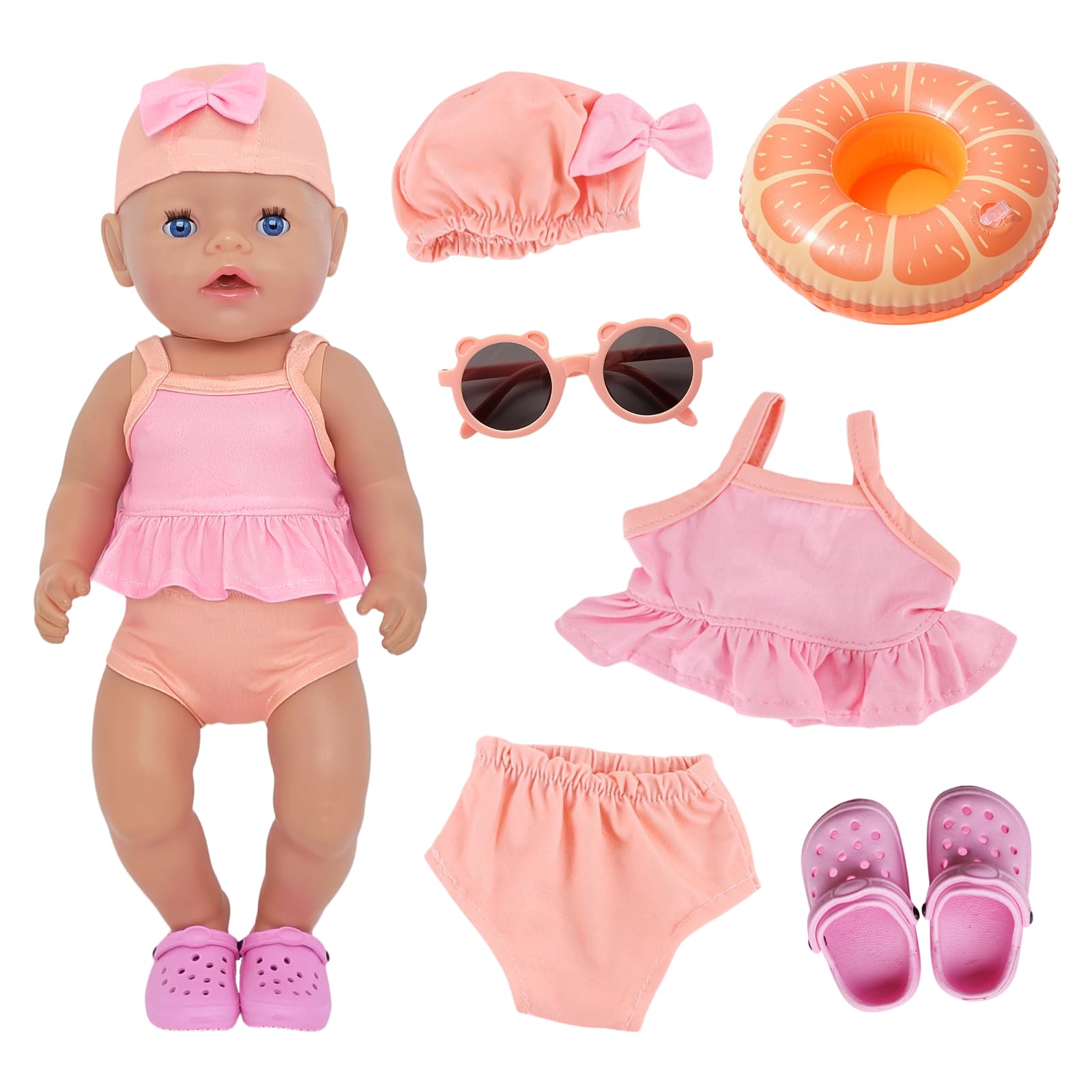 Set da 6 pezzi da nuoto per bambole, abbigliamento estivo per bambole da 14 a 18 pollici, con cuffia da bagno, costume da bagno, anello da nuoto, occhiali da sole, infradito per bambole da 30 – 43 cm