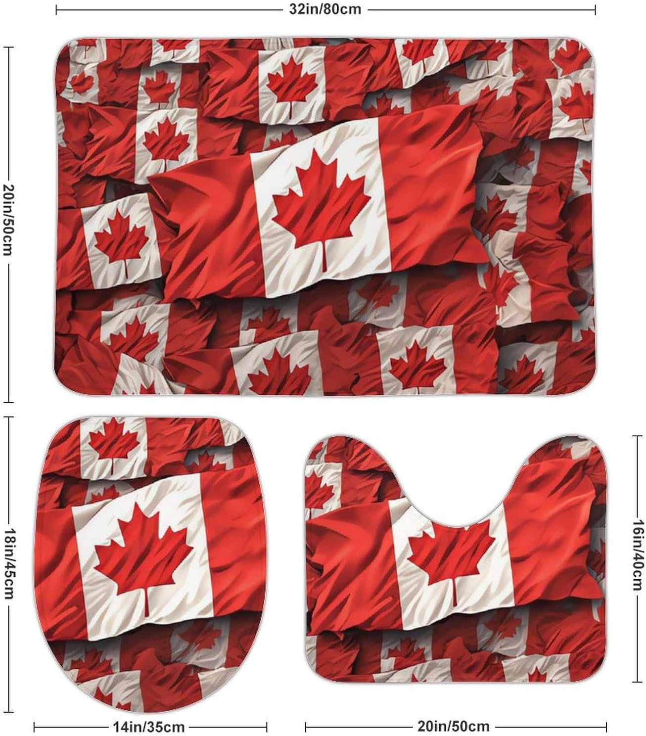 Anti-Skid Floor Mats 3 Piece Set,Canadian Flag Printed Coral Fleece Bathroom Mats U-Shaped Contour Mat Toilet Seat Cover for Bathroom, Tub, Shower, Kitchen 19.7"x31.5"