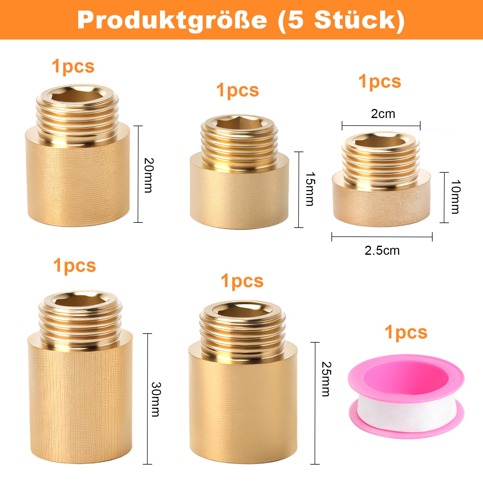 5 Piezas de Extensión para Grifo de 1/2 Pulgada, Extensión para Grifo de Latón, Extensións De 1/2 Pulgada X10 mm/15 mm/20 mm/25 mm/30 mm, para Grifos, Agua Potable, con Cinta de Materia Prima
