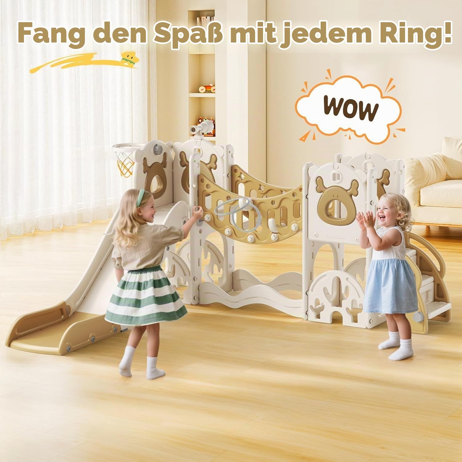 Kinderrutsche, große Kleinkind Rutsche mit Basketballkorb,Klettergerüst für den Garten, Teleskop, Stauraum, für 1-3 Jahre,extra Lange 1700 mm ((7-in-1 Elk Slide-Active-Modell (Khaki)))