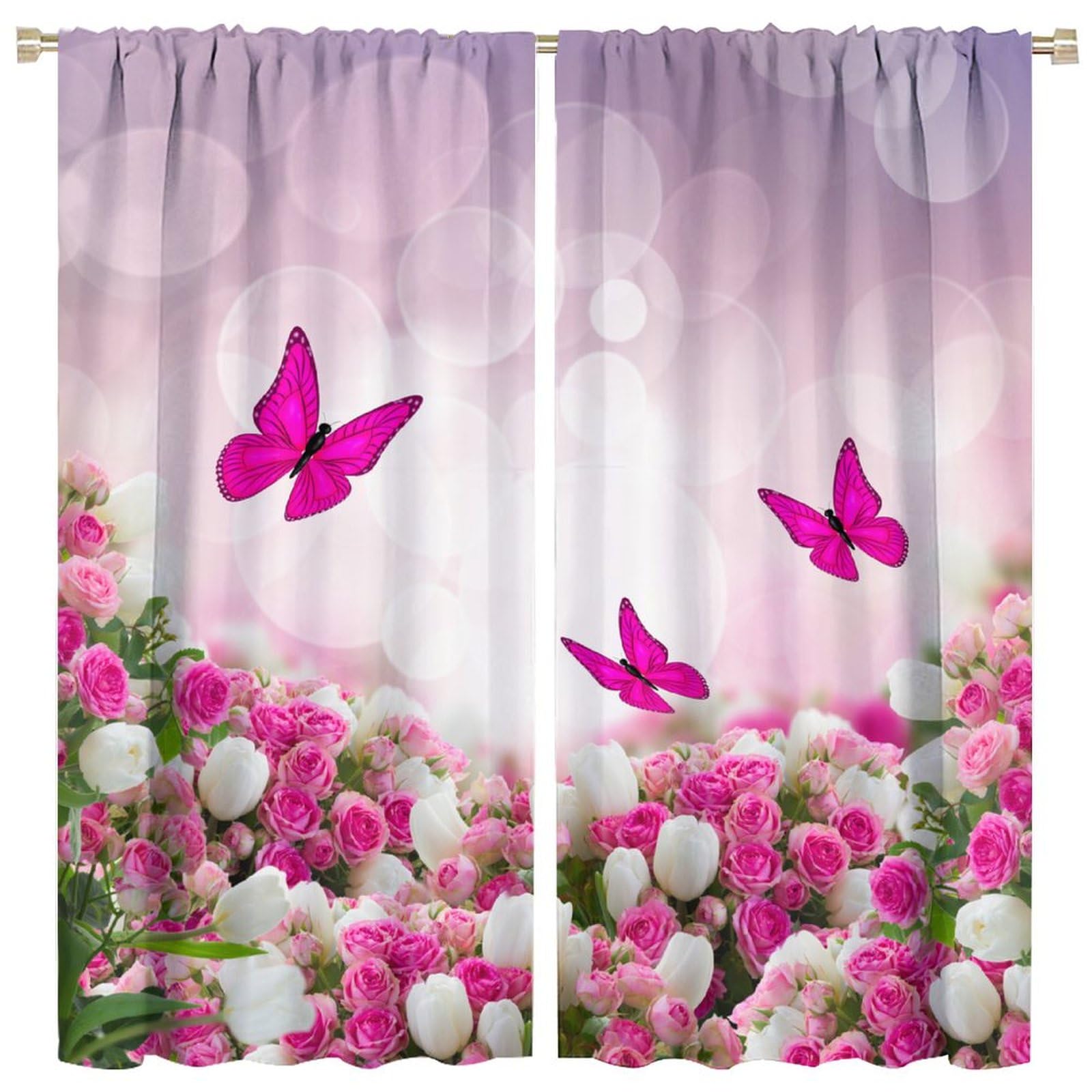 JADERYS Pink Flower Kitchen Curtains Spring Beautiful Florals Butterflies Dreamy Botanical Animal Bedroom Living Room Bathroom Blackout Rod Pocket