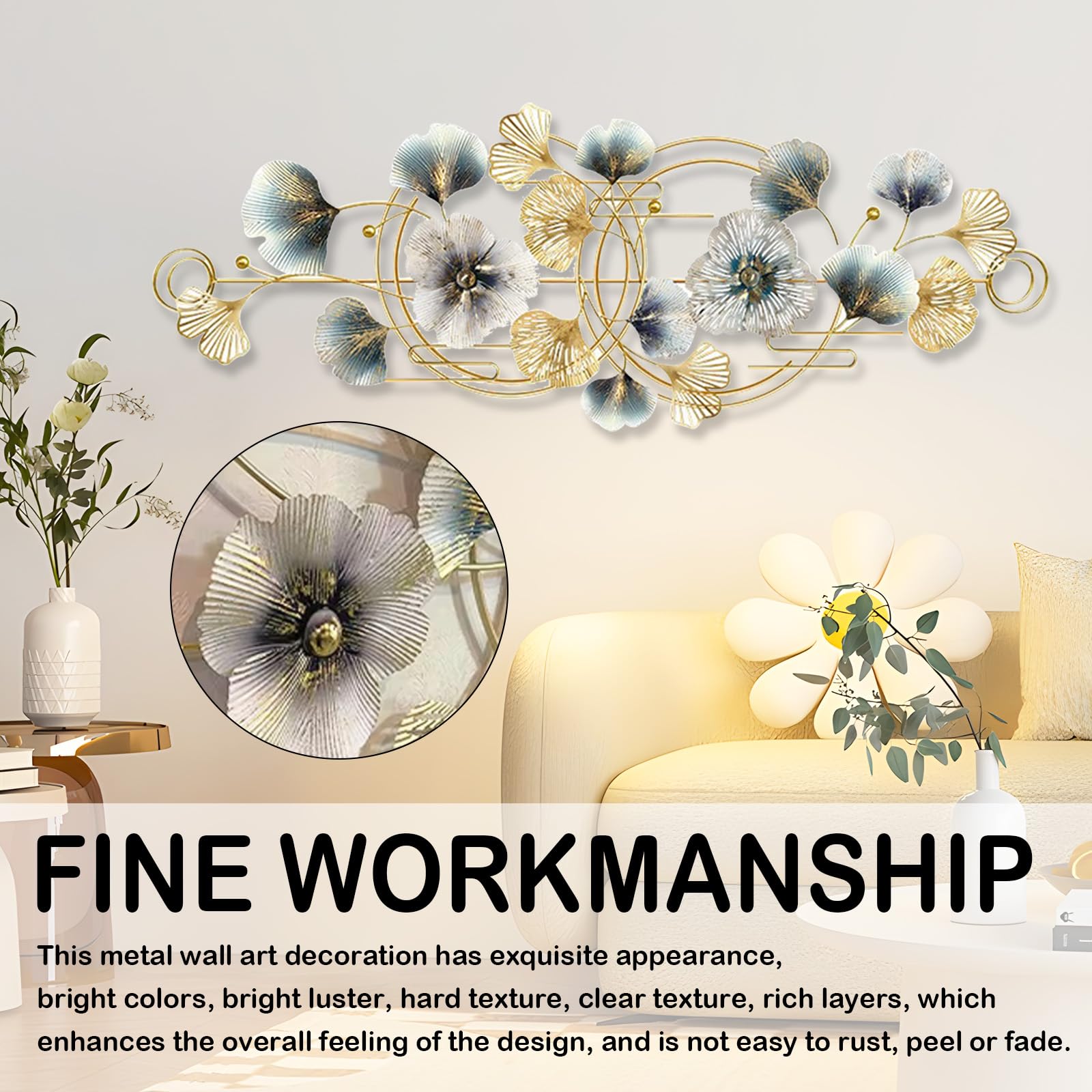 Aisny Decorazione Murale Soggiorno, 127X44cm Decorazione Murale 3D Parete Soggiorno Fiori Sculture Metallo Sospesa Divano Sfondo Ufficio Ornamenti Murali Con 2 Viti