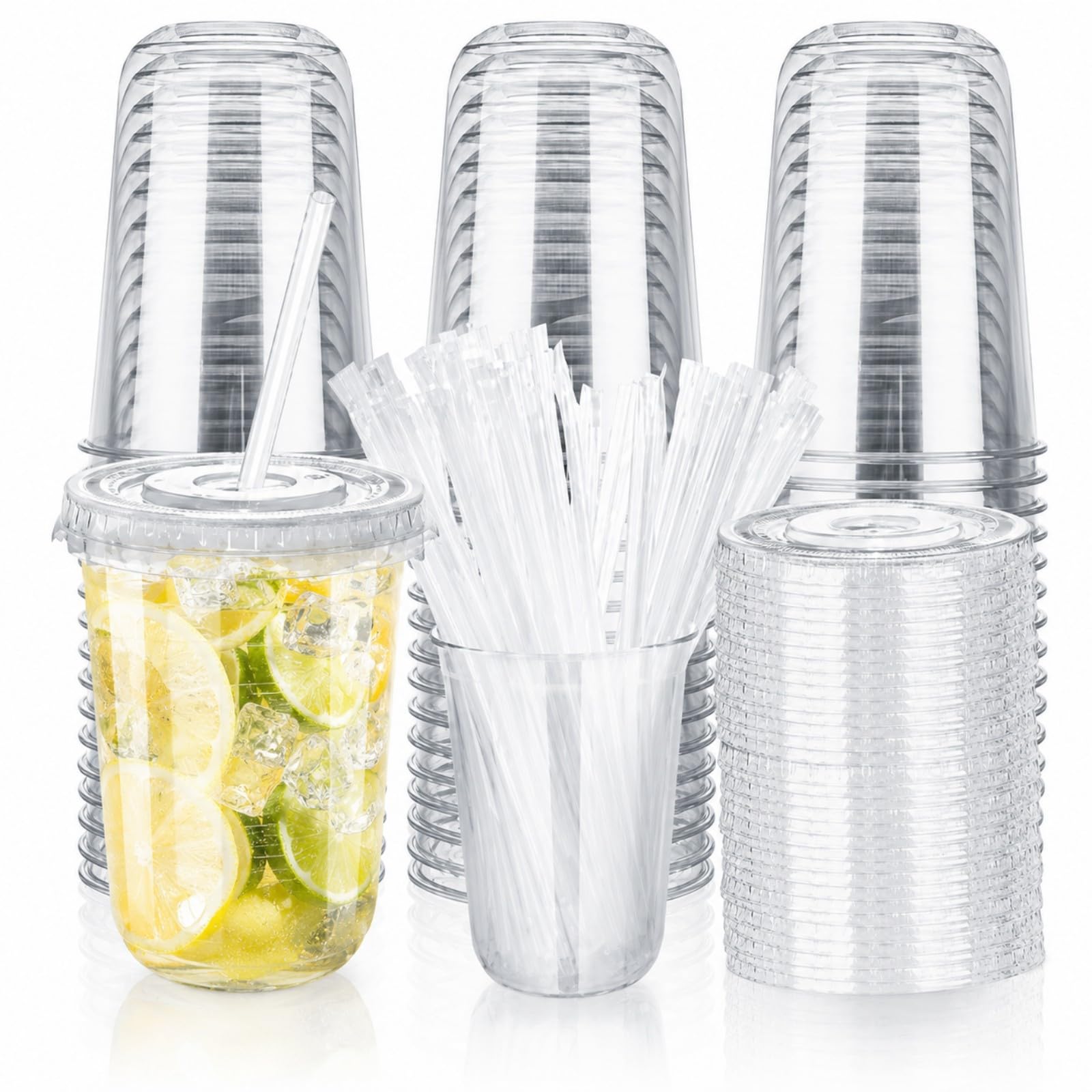 Xtrillogen 50PCS Disposable Clear Plastic Cups with Lids & Straws,480ML Reusable PET Cold Drink Cups for Parties,BBQ,Weddings,Smoothies & Outdoor Events