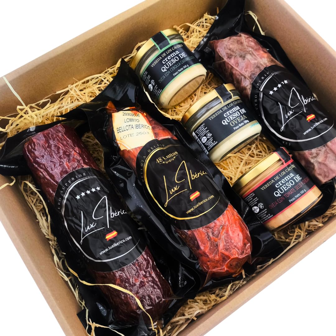 LUX IBÉRICO - Cesta Olissipo, Cremas de Queso y Embutido Ibérico | Cesta gourmet con 3 cremas de queso, velón de chorizo y salchichón ibérico y lomito de bellota, 2,5Kg