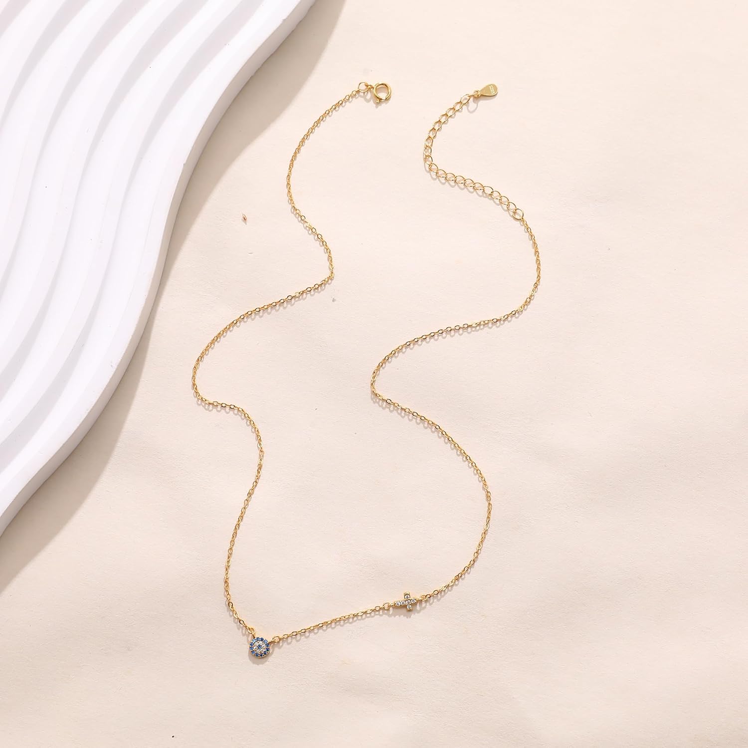 SUYACS Gold Evil Eye Necklaces for Women 925 Sterling Silver Small Cross Pendant Necklace Blue Cubic Zirconia Eye Charm Chain Christian Baptism Religious Faith Jewelry Christmas Gifts for Mom - Image 6