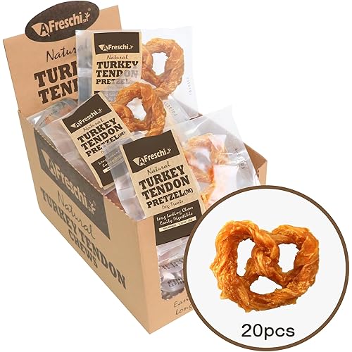 A Freschi srl Turkey Tendons for Dogs, USA-Sourced, Healthy Dog Treats, Rawhide-Free Puppy Chews, Long Lasting, All Natural, Hypoallergenic Dog Treats for Medium Breeds, 20 Count Box Pretzel (M)