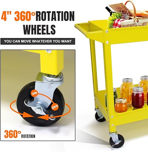 Miniatura 5 de Carrito de servicio de acero grande de 30 pulgadas, amarillo, carritos utilitarios con ruedas, 2 estantes, metal, capacidad de 300 libras, compra