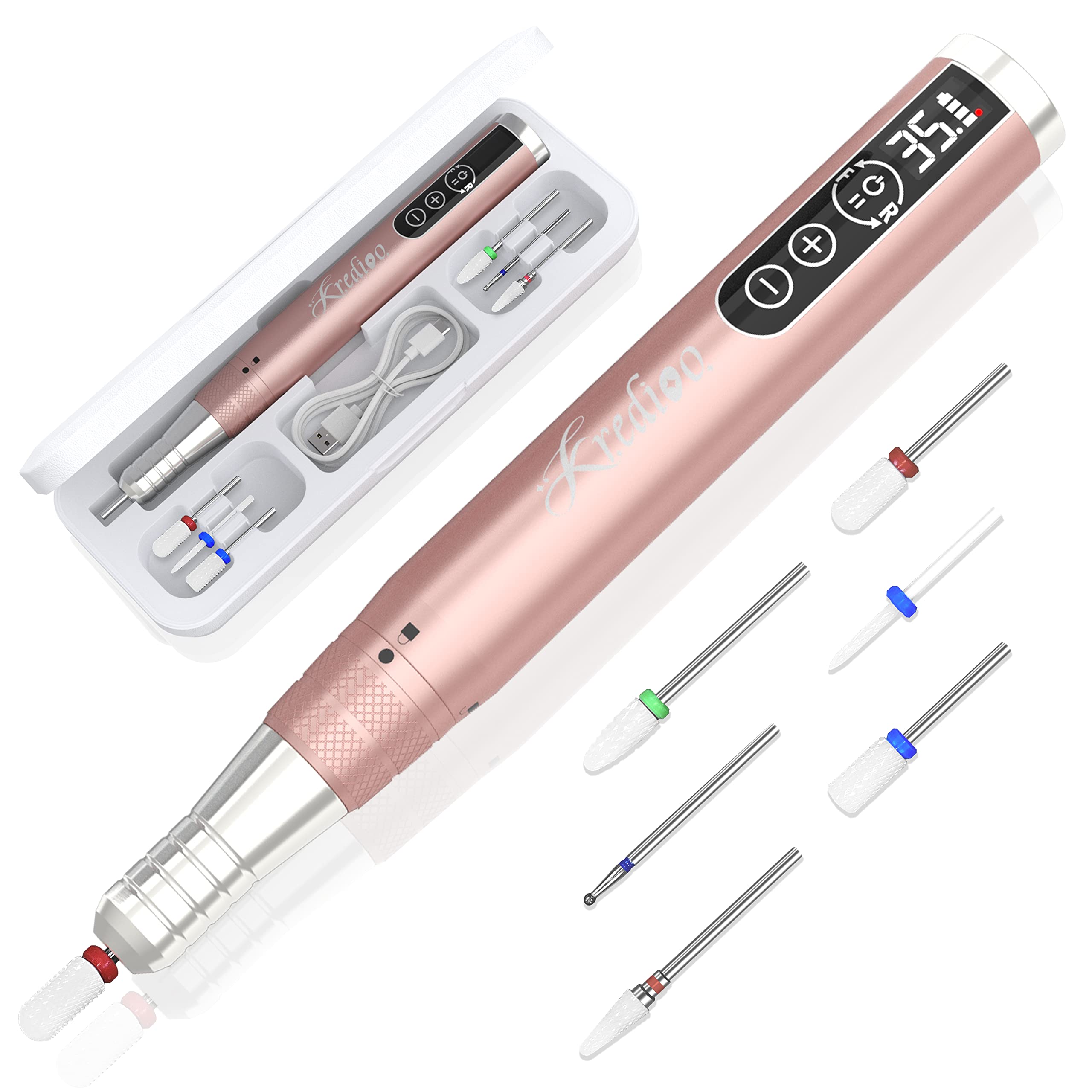 Kredioo Torno para Uñas Profesional, Inalámbrico 35000 RPM Velocidad Ajustable, Recargable Lima Electrica Uñas, Lápiz Manicura y Pedicura, Pulidor Portatil, Kit con 6 Brocas, para Salón DIY (Rosa)