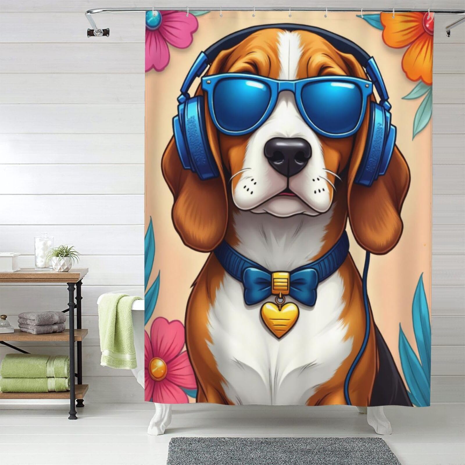 Rideau de douche cacao pour salle de bain familiale avec motif beagle