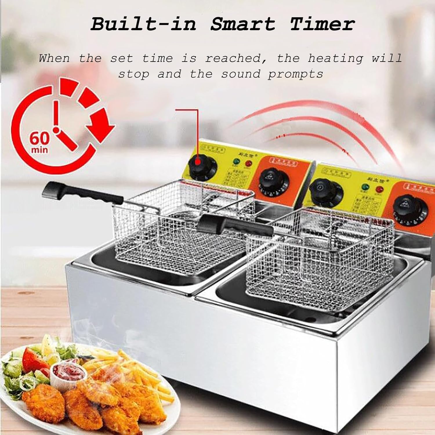 Friggitrice Elettrica, Friggitrice elettrica 12,6QT, friggitrice commerciale in acciaio inossidabile con timer Friggitrice elettrica a doppio serbatoio con 2 cestelli, friggitrice elettrica da banco f