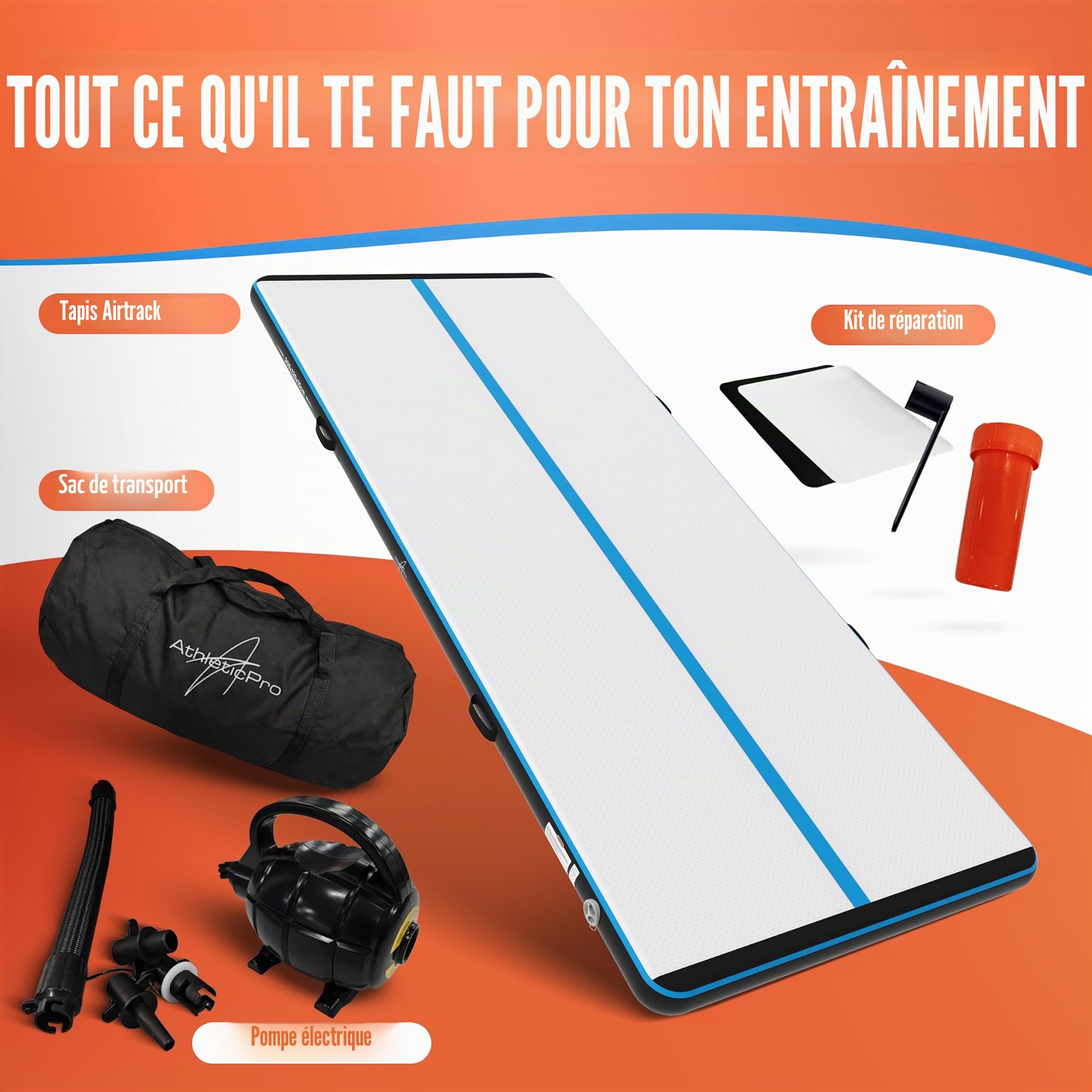 AthleticPro Airtrack Tapis de gymnastique gonflable pour gymnastique au sol et acrobatie avec pompe électrique, kit de réparation et sac de hauteur, pour