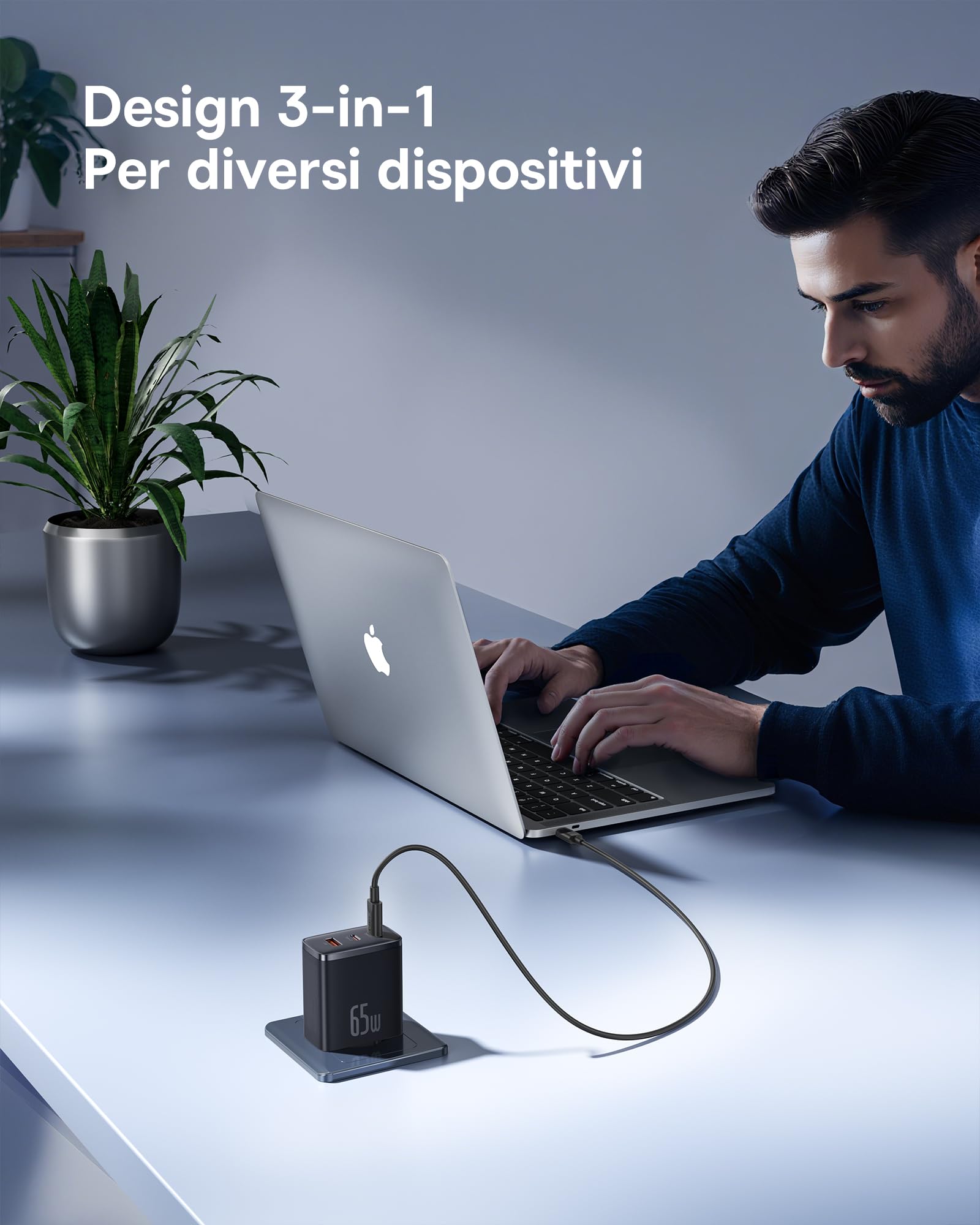 Baseus - Caricatore con USB C, 65 W, USB C, 3 Porte PD con PPS, al Nitruro di Gallio (GaN), per MacBook Pro/Air, Serie iPhone 16/15/14/13/12, iPad Pro, Galaxy S25 Ultra, S24-S20, ecc.