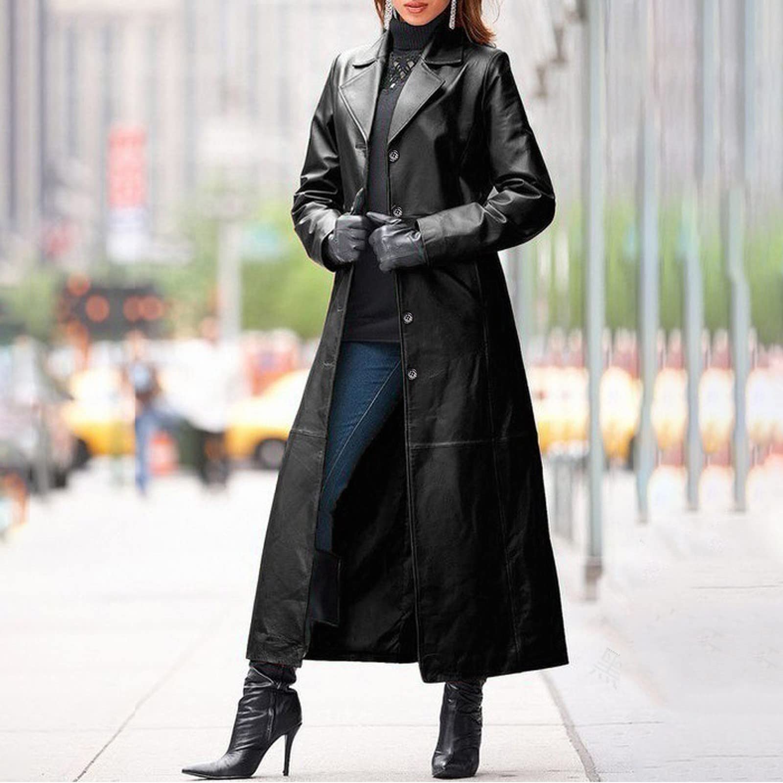 Genérico Abrigo Largo Elegante para Mujer Cortavientos de Cuero Delgado Chaqueta Cálida con Botones Sólidos y Diseño Moderno