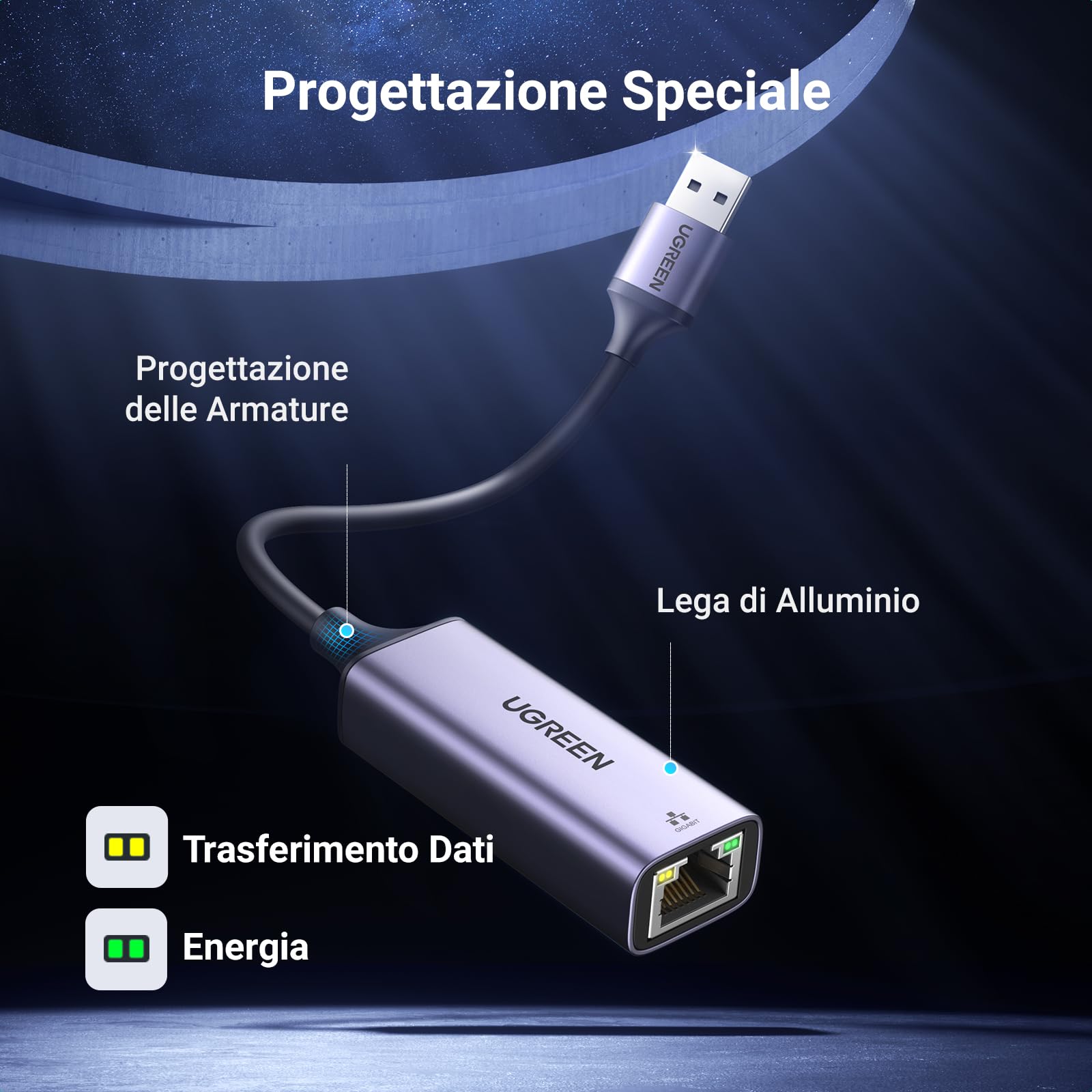 UGREEN Adattatore Ethernet USB 3.0 Gigabit 1000 Mbps in Alluminio Convertitore di Rete Lan con 10/100/1000Mbps Compatibile con Switch Windows Mac OS Linux Mi Box