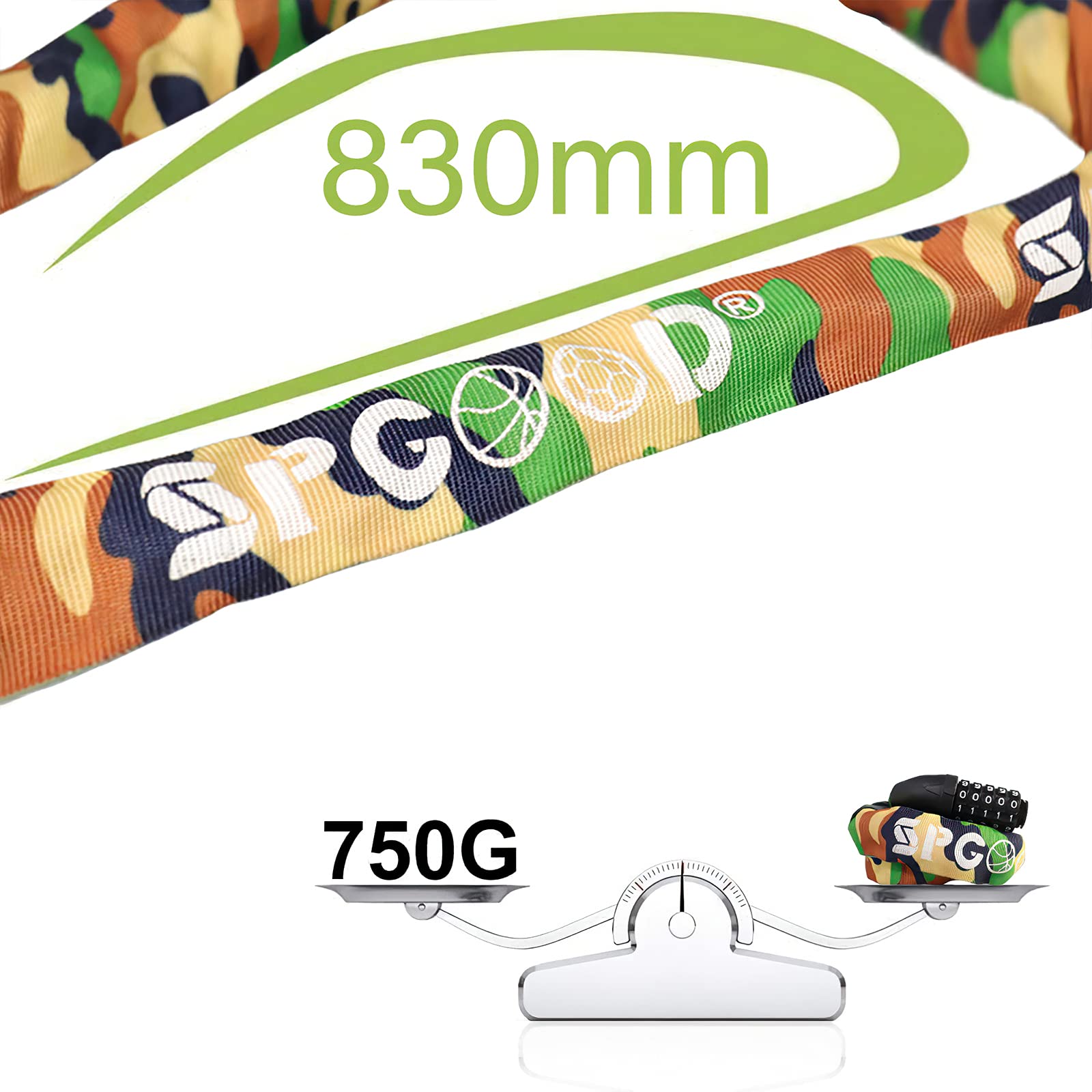 SPGOOD Lucchetto Bici Catena Bicicletta (14 Colori) Antifurto a Combinazione a 5 Cifre, per Bicicletta, Moto, Porta, cancello, Recinzione(Camuffare)