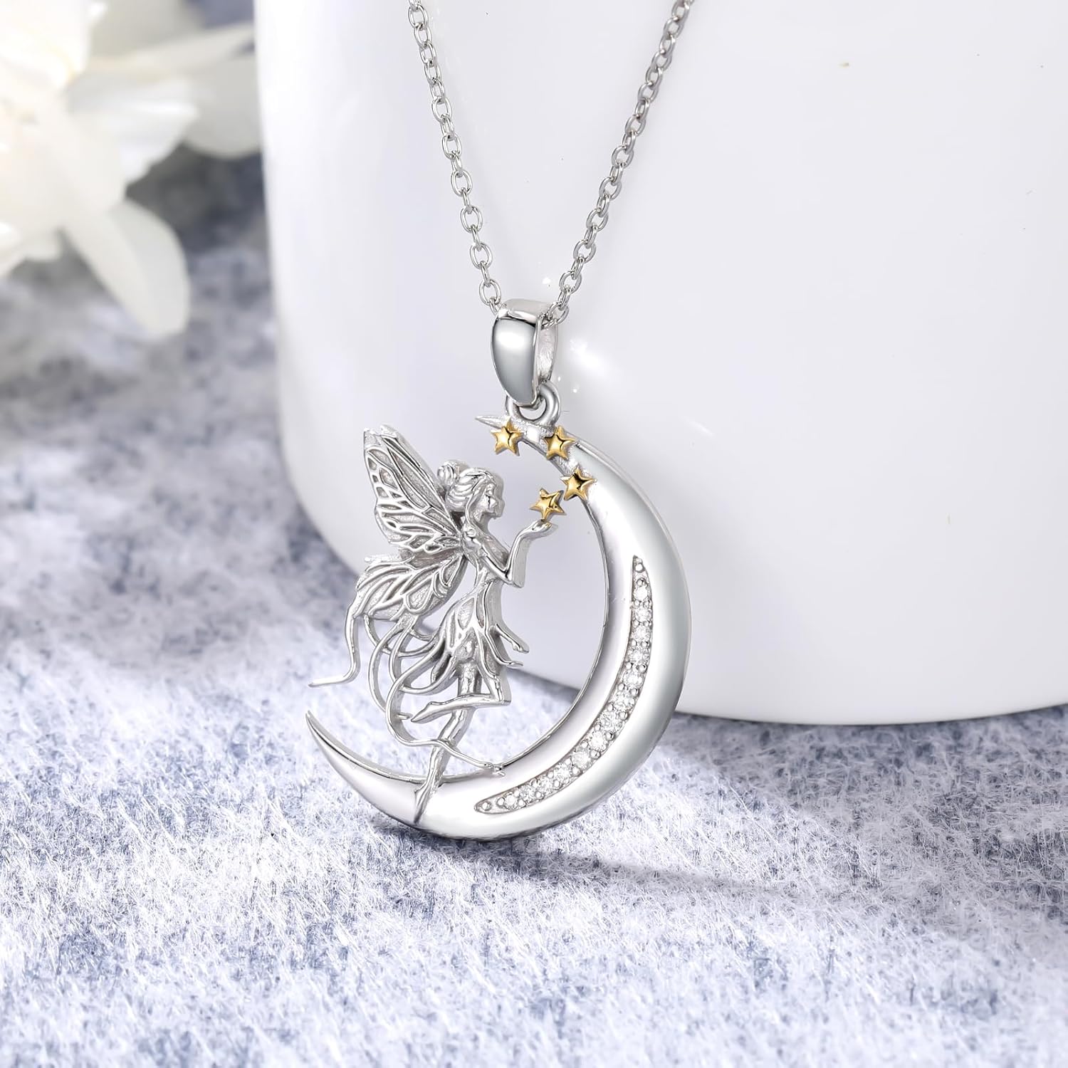 Fairy Necklace 925 Sterling Silver Lab Diamonds Crescent Moon Fairy Pendant Jewelry for Women - Image 2
