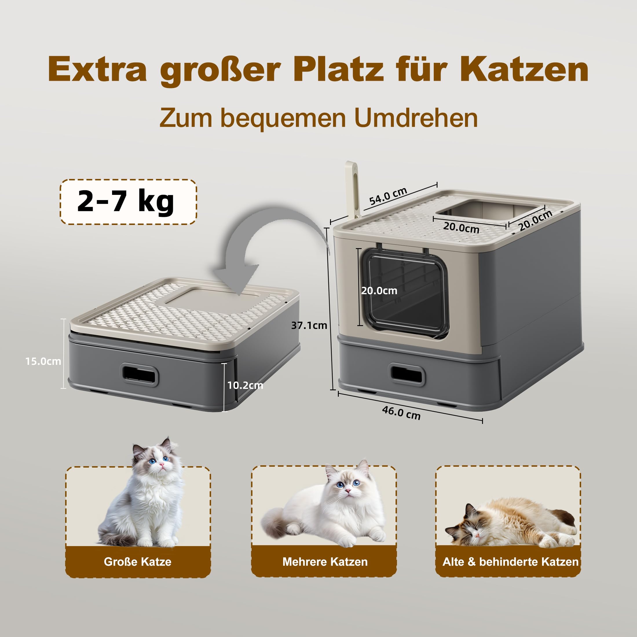 Pakeway Katzenklo aus Edelstahl Geschlossen mit 2 Einstiegsmöglichkeiten XXL Große Hygienische Katzentoilette Geruchsneutral Inklusive Schaufel und Matte Für Alle Rassen Platzsparend Faltbar auf 15 cm