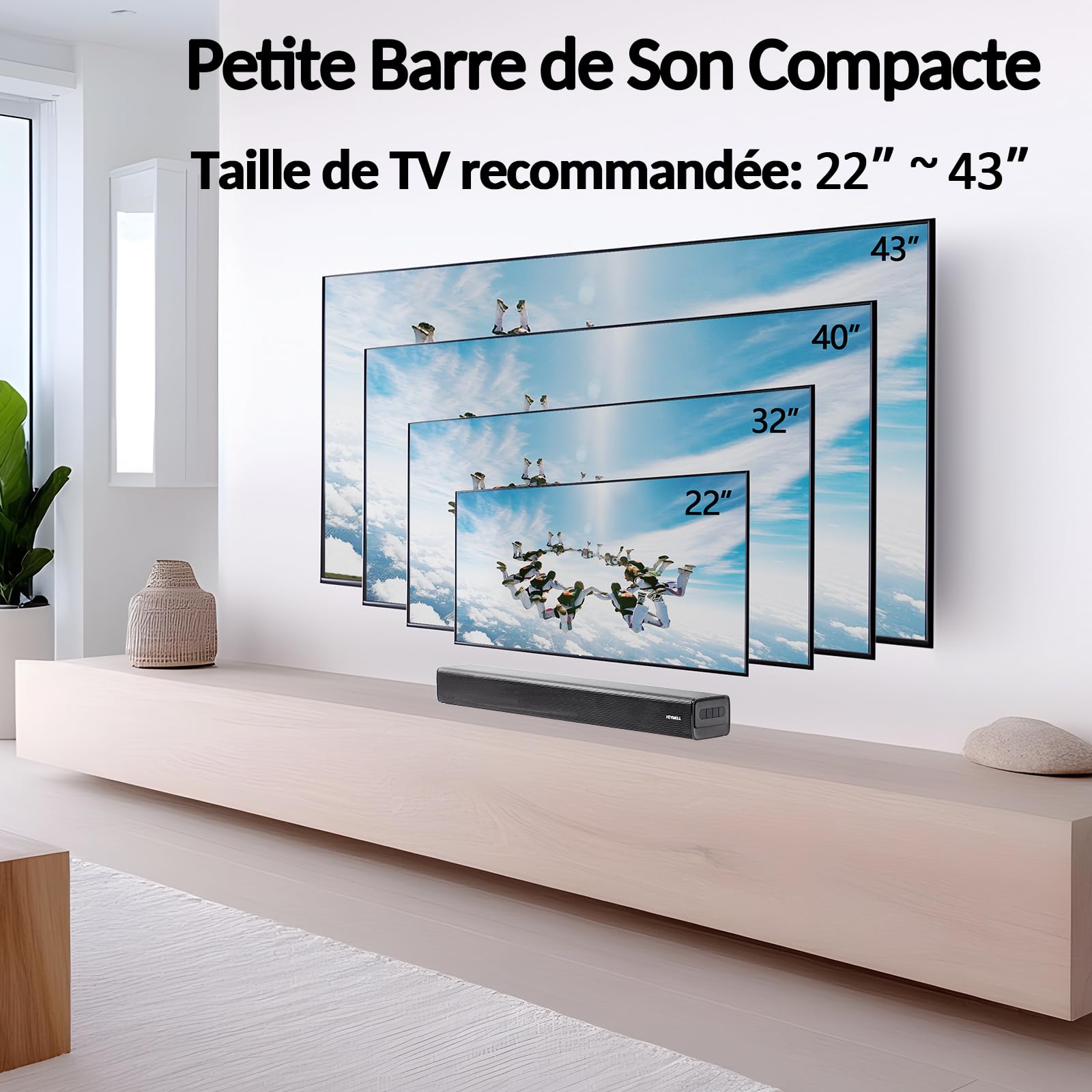 Barre de Son TV 120W 2.1ch Bluetooth 60cm HDMI Arc Caisson de Basse Mural