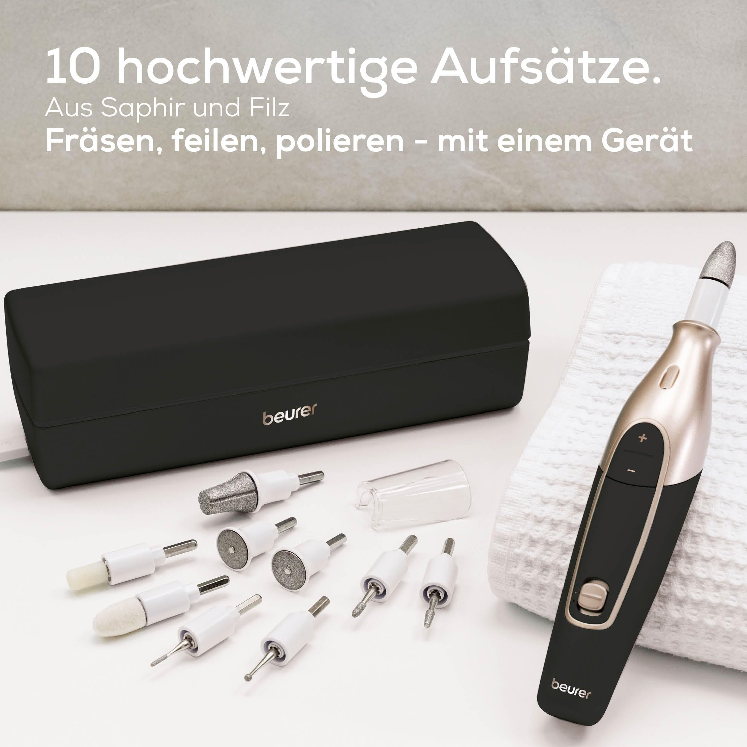 Beurer MP 84 Special Edition Maniküre-/Pediküreset, elektrische Nagelfeile mit Akku, 10 Aufsätze, LED-Licht, inkl. Aufbewahrungsetui, bis zu 4400 U/min, Nagelfräser zur Hand- und Fußpflege, schwarz - 4