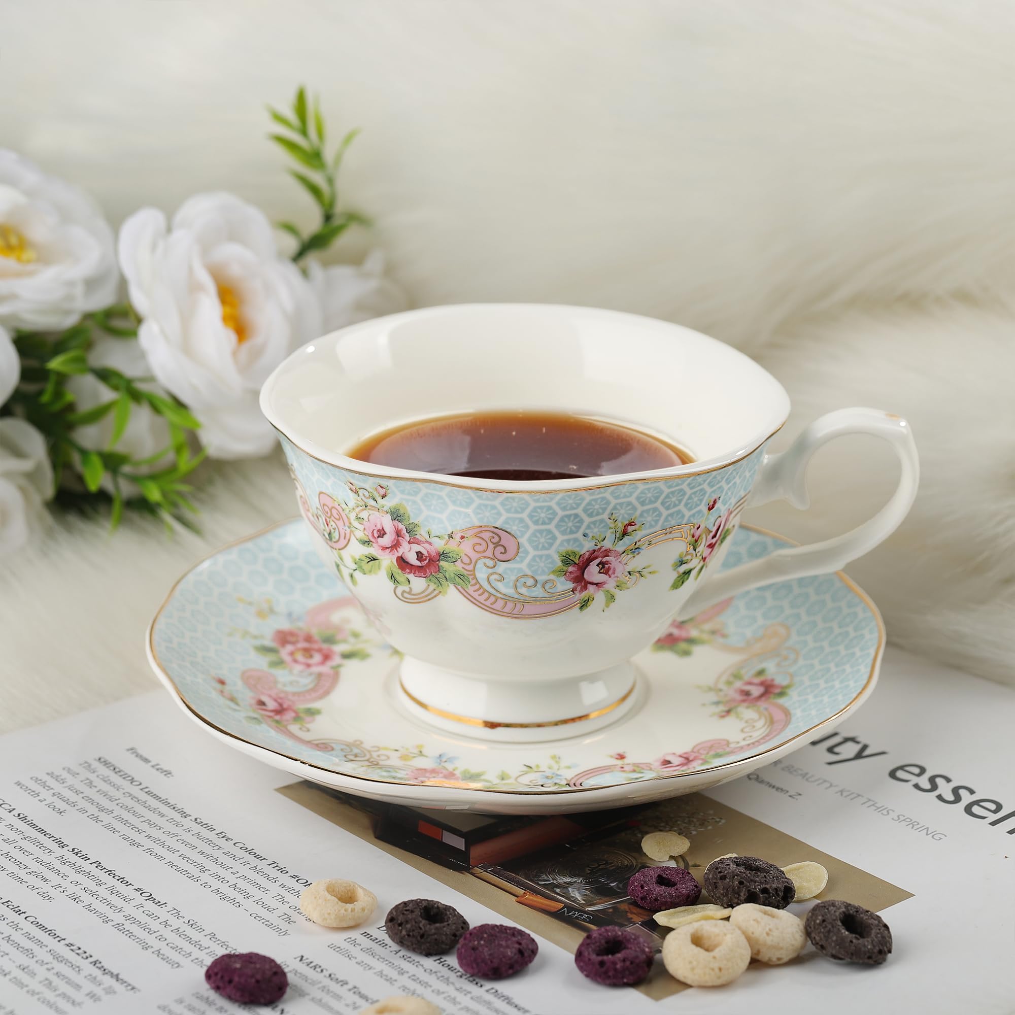 fanquare Bunte Florale Porzellan Kaffeetasse mit Untertasse, Englisch Teetassen Set für 6 Personen, Vintage Rose Tea Party-Set für Frauen