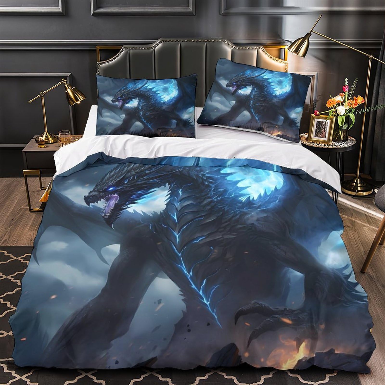 Housse de couette dragon 3D parure de lit enfant single 135x200cm microfibre
