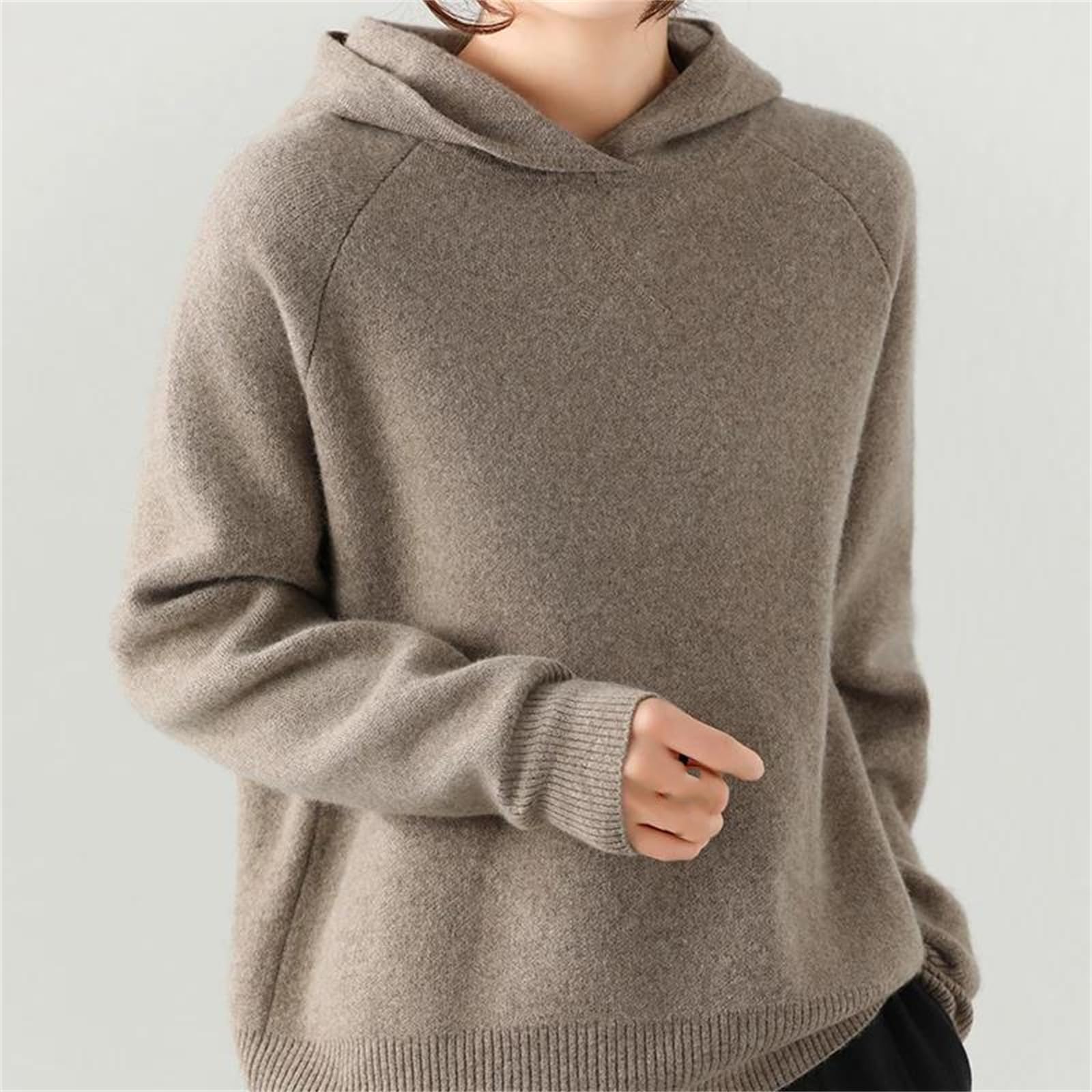 Yeuyyben Maglione da donna in cashmere con cappuccio a maniche lunghe pulsante inverno ispessimento caldo maglia top femminile, Colore caffè., L