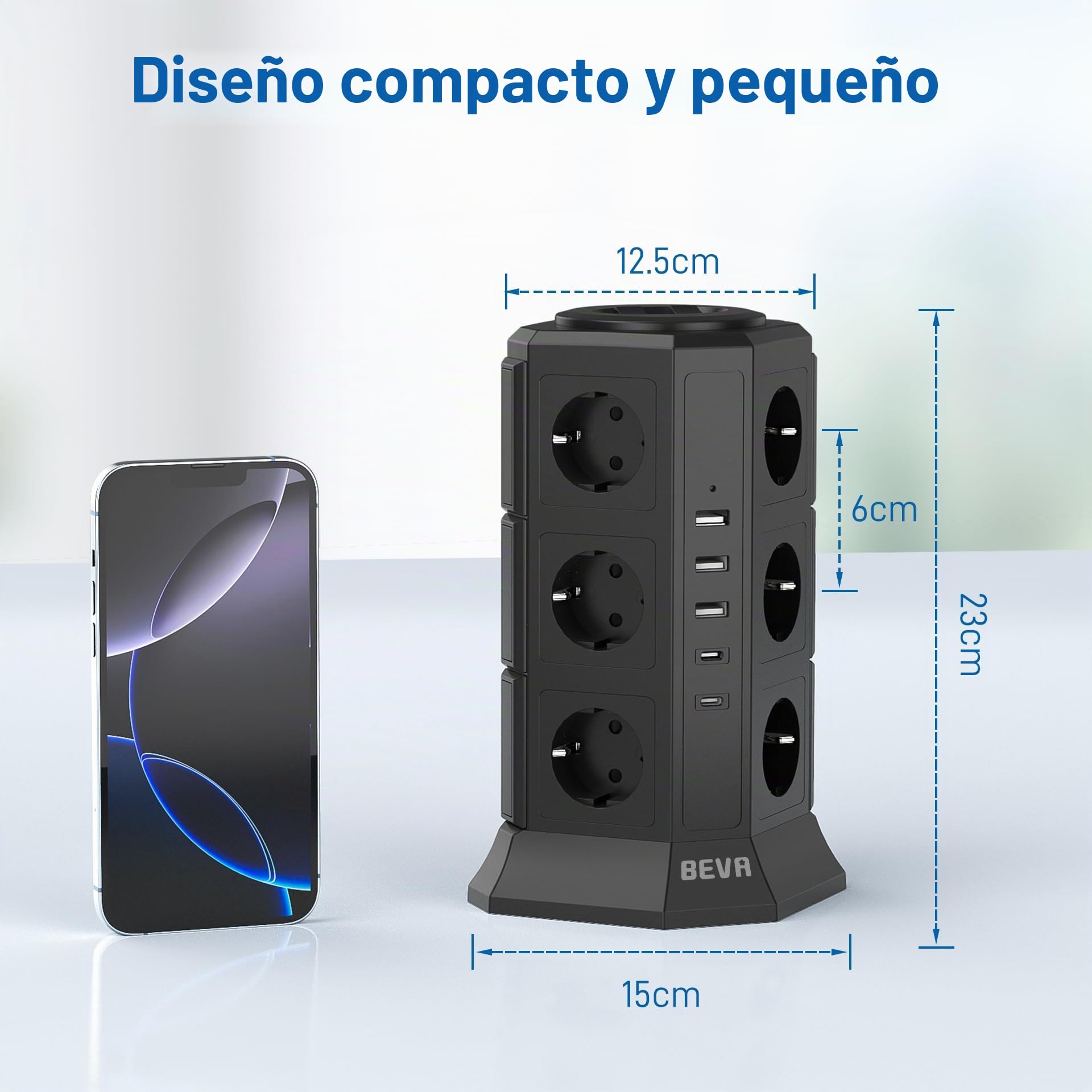 BEVA Regleta Enchufes Vertical de 12 Tomas Corrientes y 5 Rápida USB Tomas, Ladron Enchufe de Corriente con Protección contra Sobrecargas y Interruptores, Cable de 2M, 2500W/10A Black | 2500 W/10 A, 2 USB-C (15 W), 3 USB-A, con interruptor, para oficina y