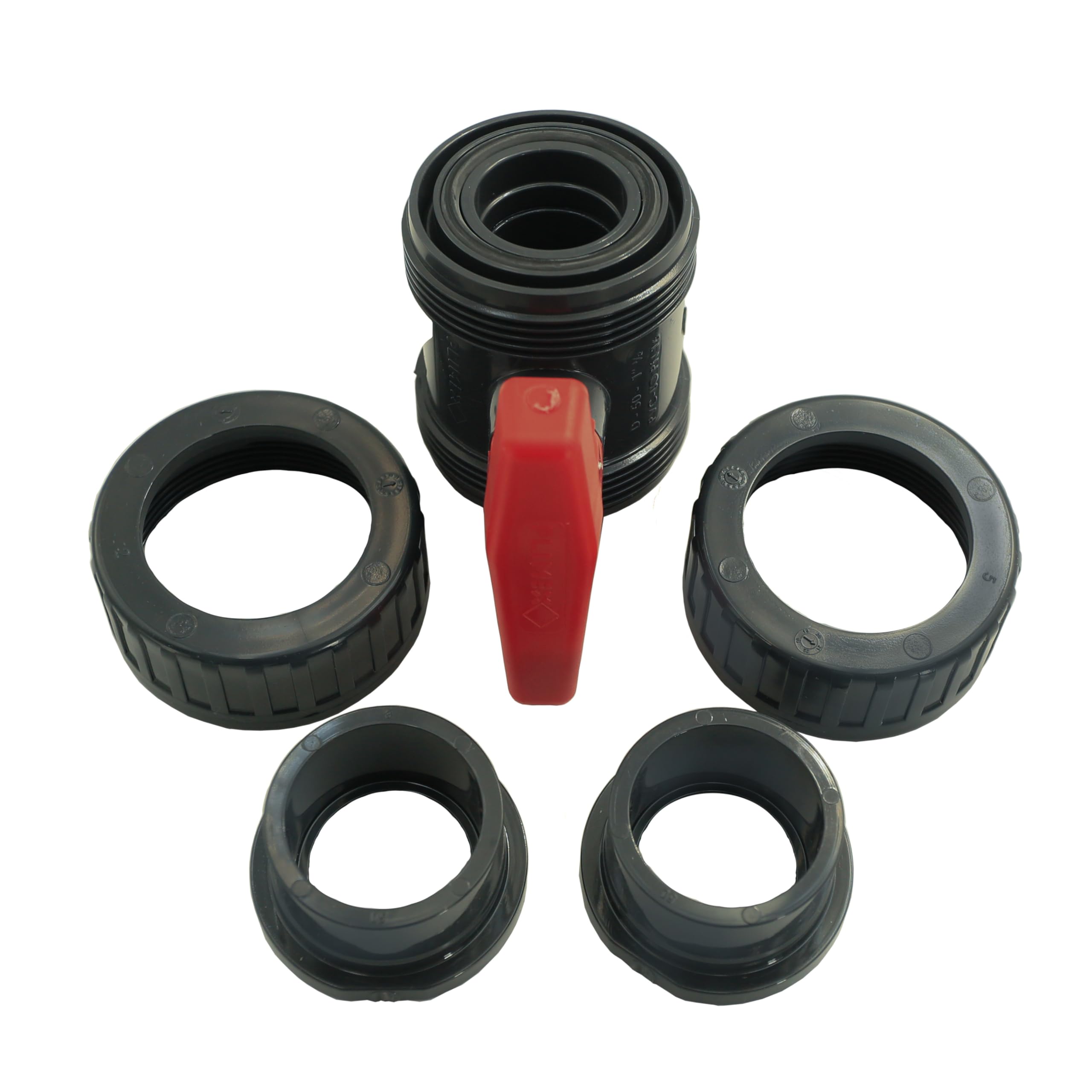 HAF 4X PVC 2 Wege Kugelhahn Roter Griff mit 50mm x 50mm | Klebemuffe x Klebemuffe | Absperrhahn aus grauem PVC-U | PN16 für Poolfitting, Pool, Schwimmbad, Poolverrohrung, Druckleitung, Rohrleitung