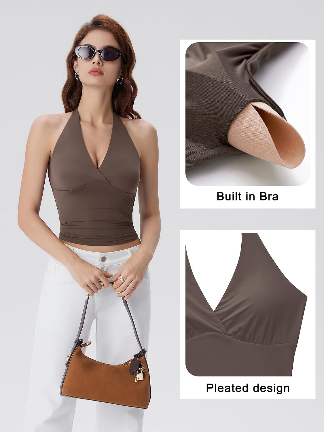 SUUKSESS Women Halter Backless Tank Tops with Built in Bra Double Lined V Neck Y2k Going Out Tops