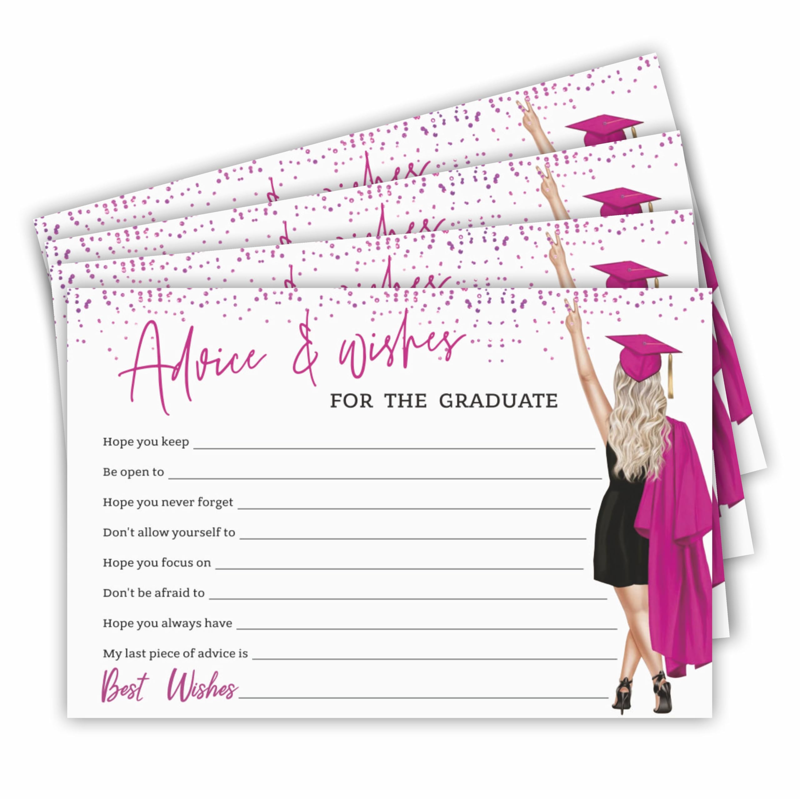 Tabyon 30 Advice & Wishes Cards For The Graduation - Pink Grad Girl - Confetti Double-Sided Fill In Style Advice Cards For High School, College,