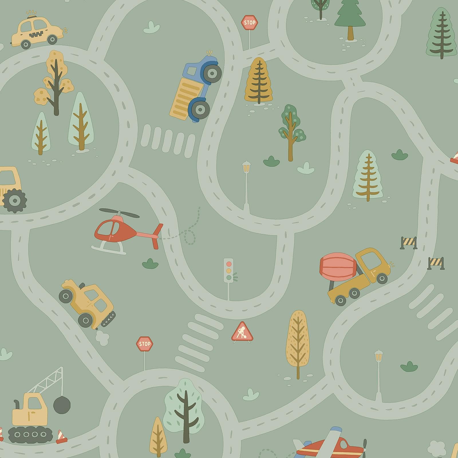 Holden Storybook Roundabout Road Fun Vehicle and Traffic Themed Wallpaper with Cars, Trucks, Helicopters, Diggers for a Playful Boys Bedroom Wall Sage Green (14081)