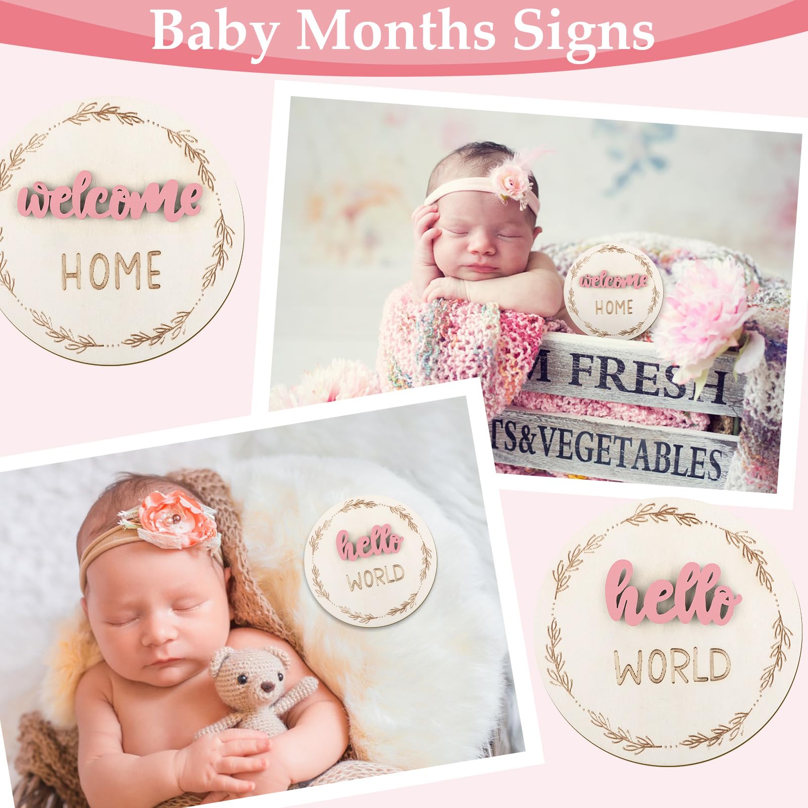 7 Stück Monate Baby Meilensteinschilder, 3D Rosa Baby Monatliche Meilensteinkarten Meilenstein Holzkreise für Neugeborene Junge Mädchen 1-12 Monate Baby Meilensteinbilder (doppelseitig)
