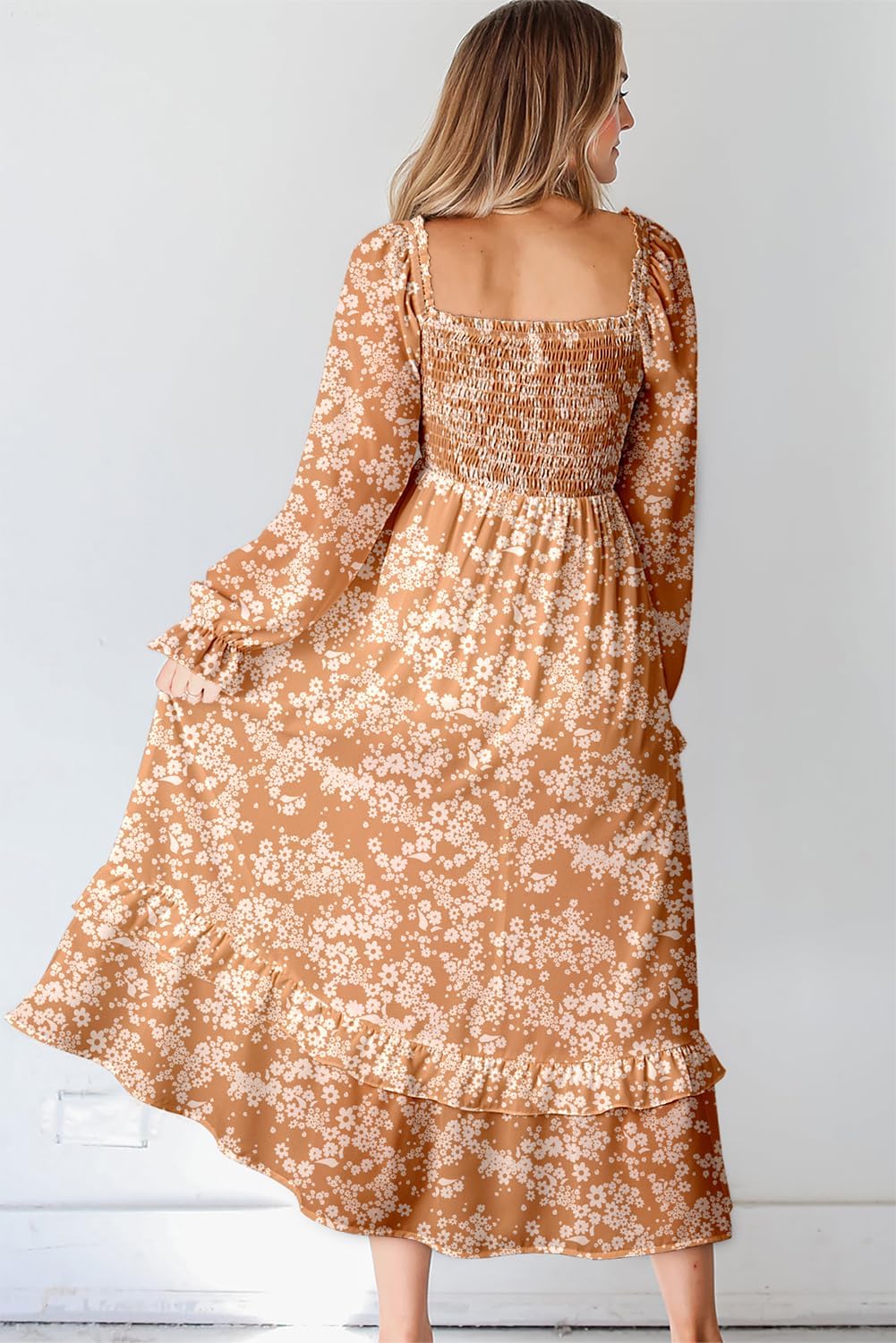 Dokotoo Boho Dresses for Women 2025 Casual Floral Square Neck Long Sleeve Smocked Elastic Waist Tiered Ruffle Hem Maxi Dress - Image 2