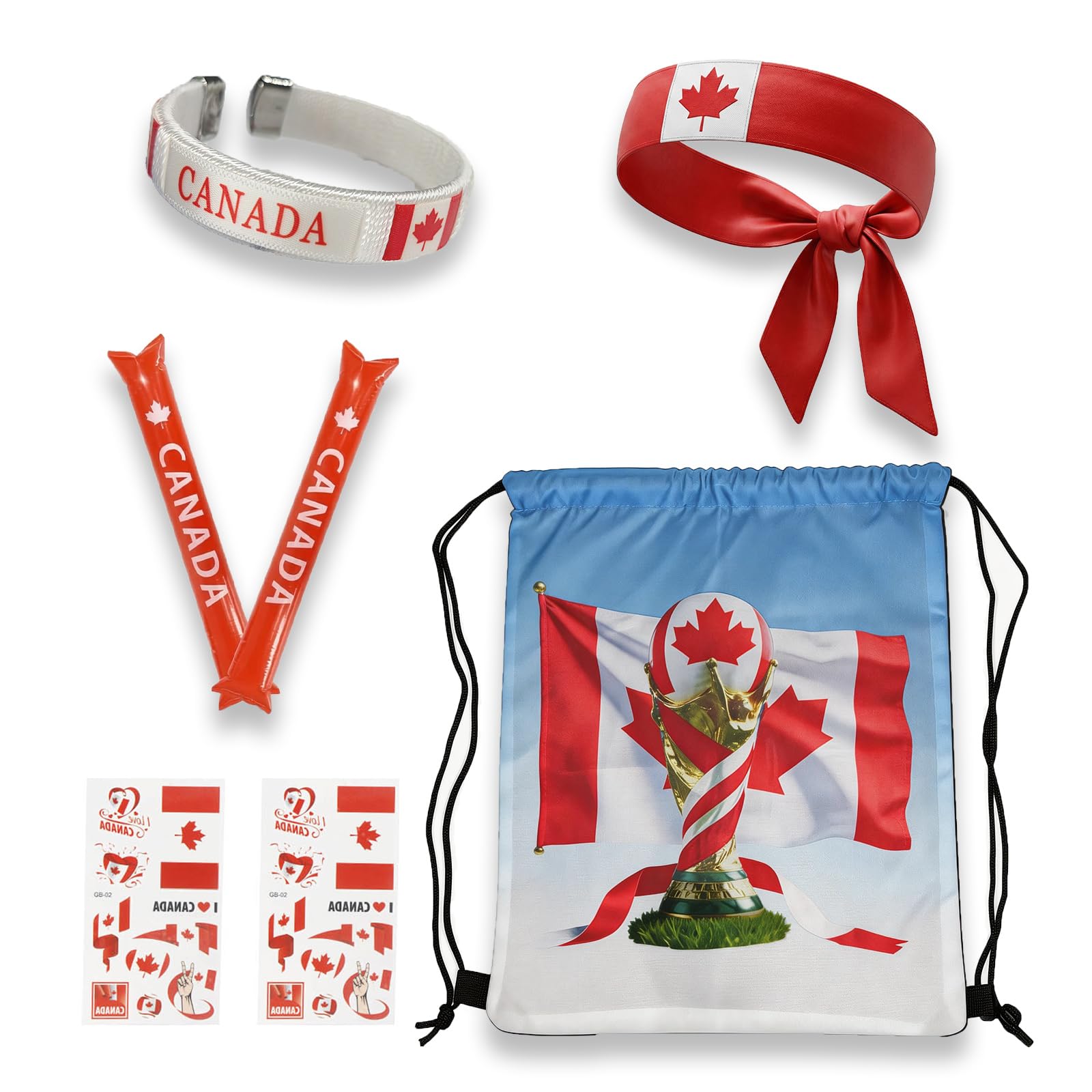 2026 World Cup Canada Soccer Fan Gear Set, 7-Piece Drawstring Backpack Decoration & Storage Set for World Cup & Patriotic Holidays - 1