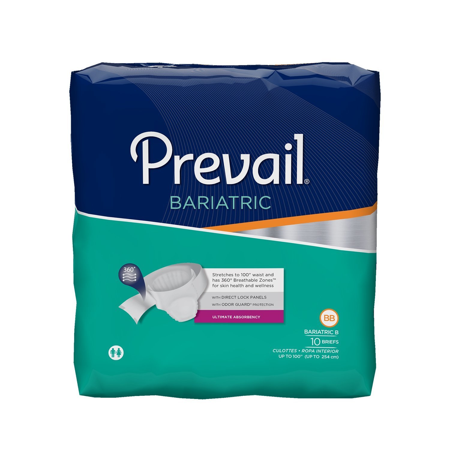 Prevail Incontinence Bariatric Brief, Unisex Disposable Adult Diaper with Tabs for Men & Women, Ultimate Absorbency, Size B, 10 Count Bag