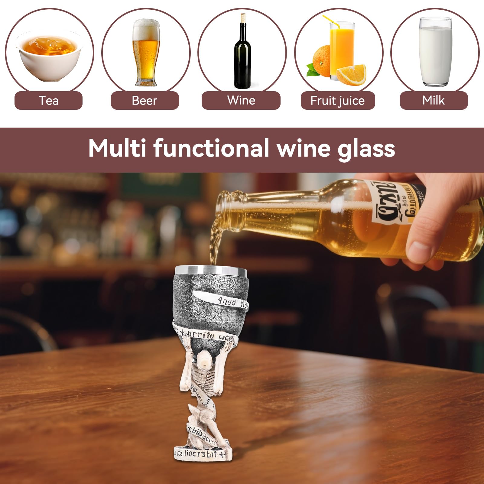 Cyrank Calice con Teschio, Boccale Birra, Calice Medievale con Doppio Teschio, Goblet Calice Coppa per Calice da Vino con Teschio, Tazza di Caffè in Acciaio Inossidabile per Bar per Feste