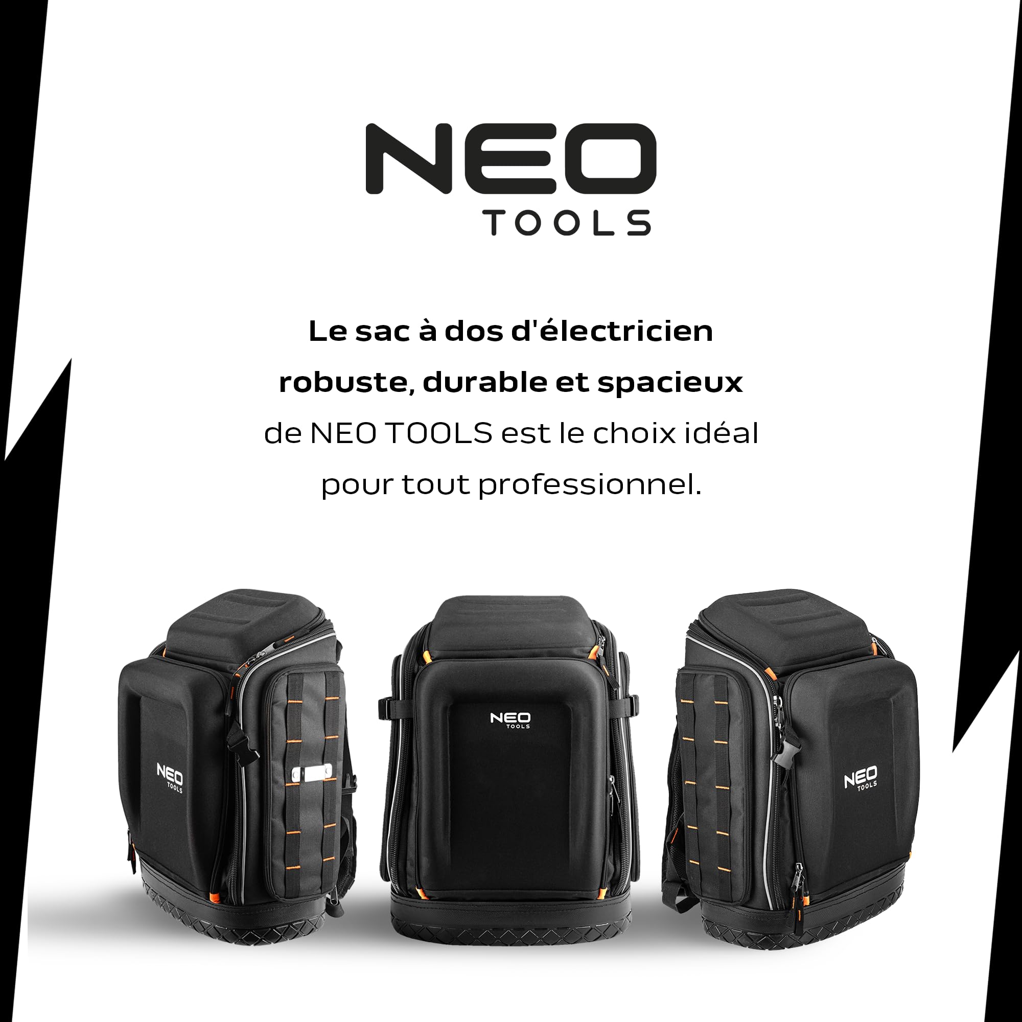 NEO TOOLS Sac à dos à outils 20 l I Poches pour accessoires | Sac à dos à outils avec fond en caoutchouc, sac à dos robuste avec renfort pour électriciens, plombiers, travailleurs d'entretien 26