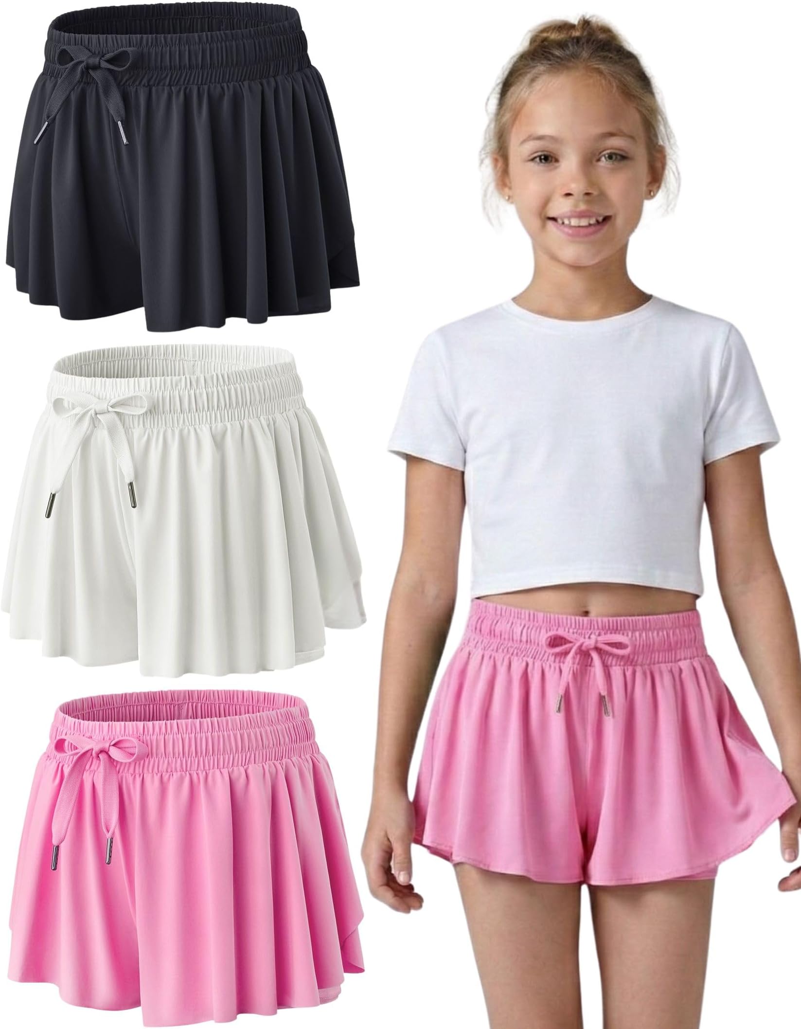 3 Pack Girls Flowy Shorts with Spandex Liner 2-in-1 Youth Butterfly Skirts for Fitness, Running, Sports