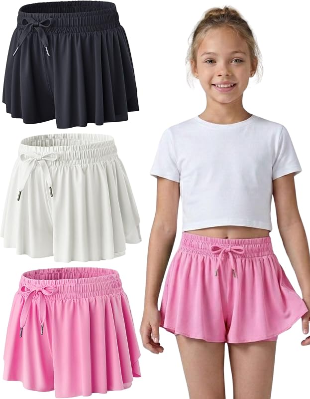 1 or 3 Pack Youth Girls Flowy Shorts with Spandex Liner & Pockets