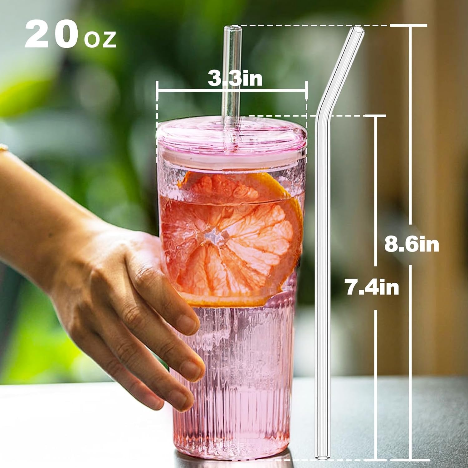 JunVpic Szklane kubki do kawy z pokrywkami i słomkami, 590 ml, różowe szklanki do mrożonej wody, do soku lodowego, herbaty, mleka, smoothie i zimnych lub gorących napojów, zestaw 2 szt