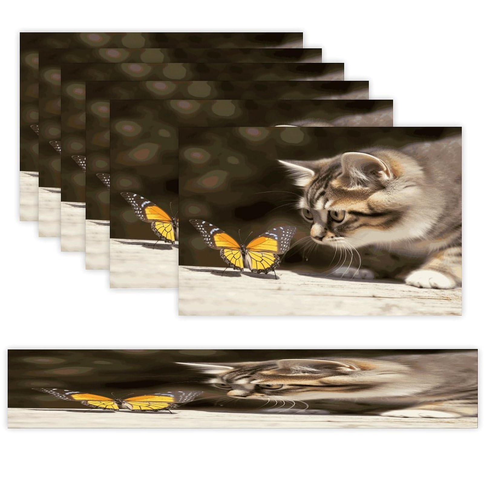 Cat and Butterfly Table Runner and Placemats Set of 6 for Kitchen Washable Table Mats Heat Resistant Place Mats Non-Slip Place Mat Wipeable Placemat(6 Placemats+1 Table Runner)
