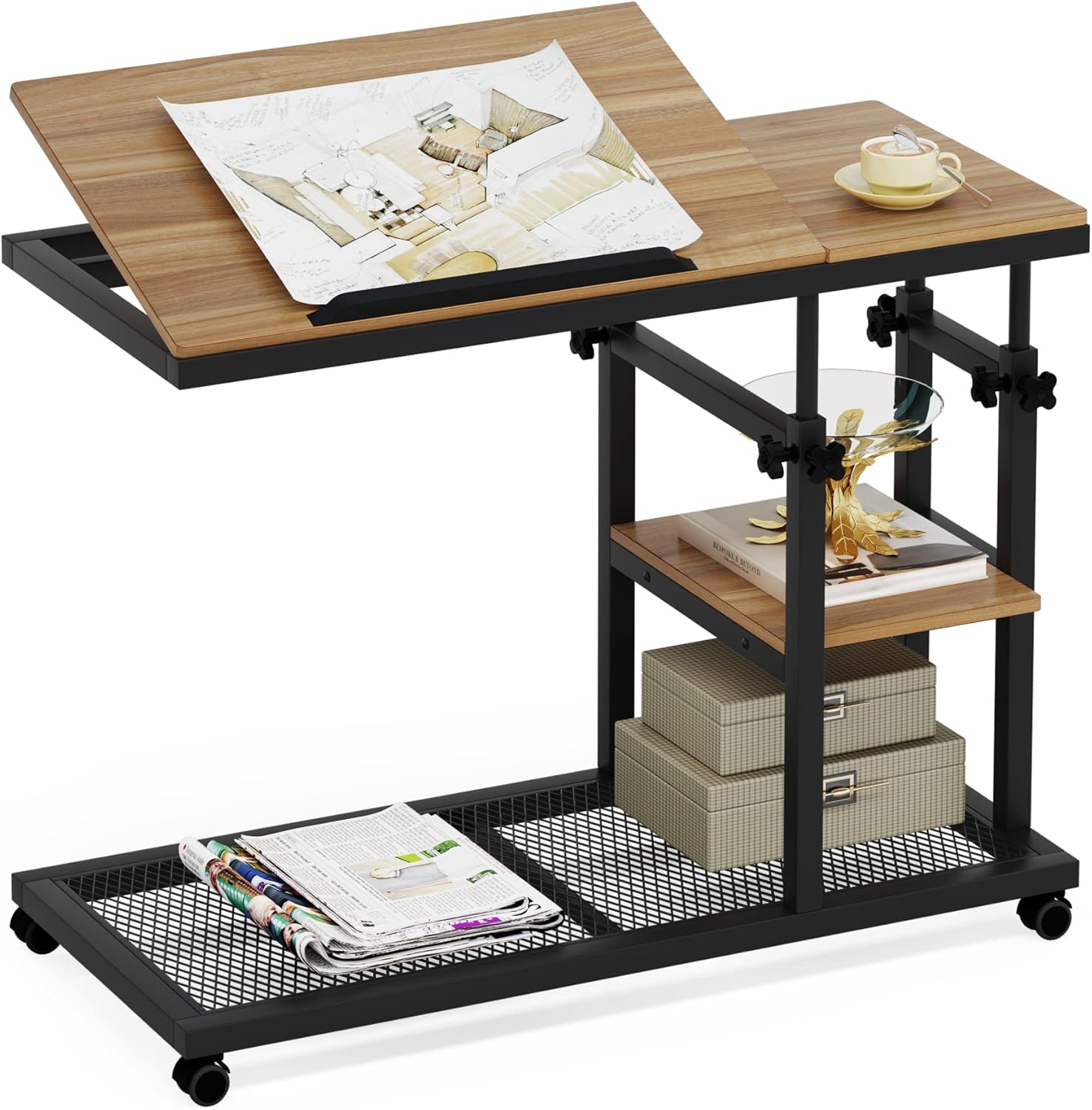 LITTLE TREE C-Shaped End Table, 34" Tall Side Table for Couch, Sofa Table Adjustable Height Small Couch Side C Table, Slide Under Sofa Tray Arm Table for Living Room, Bedroom, Walnut Brown