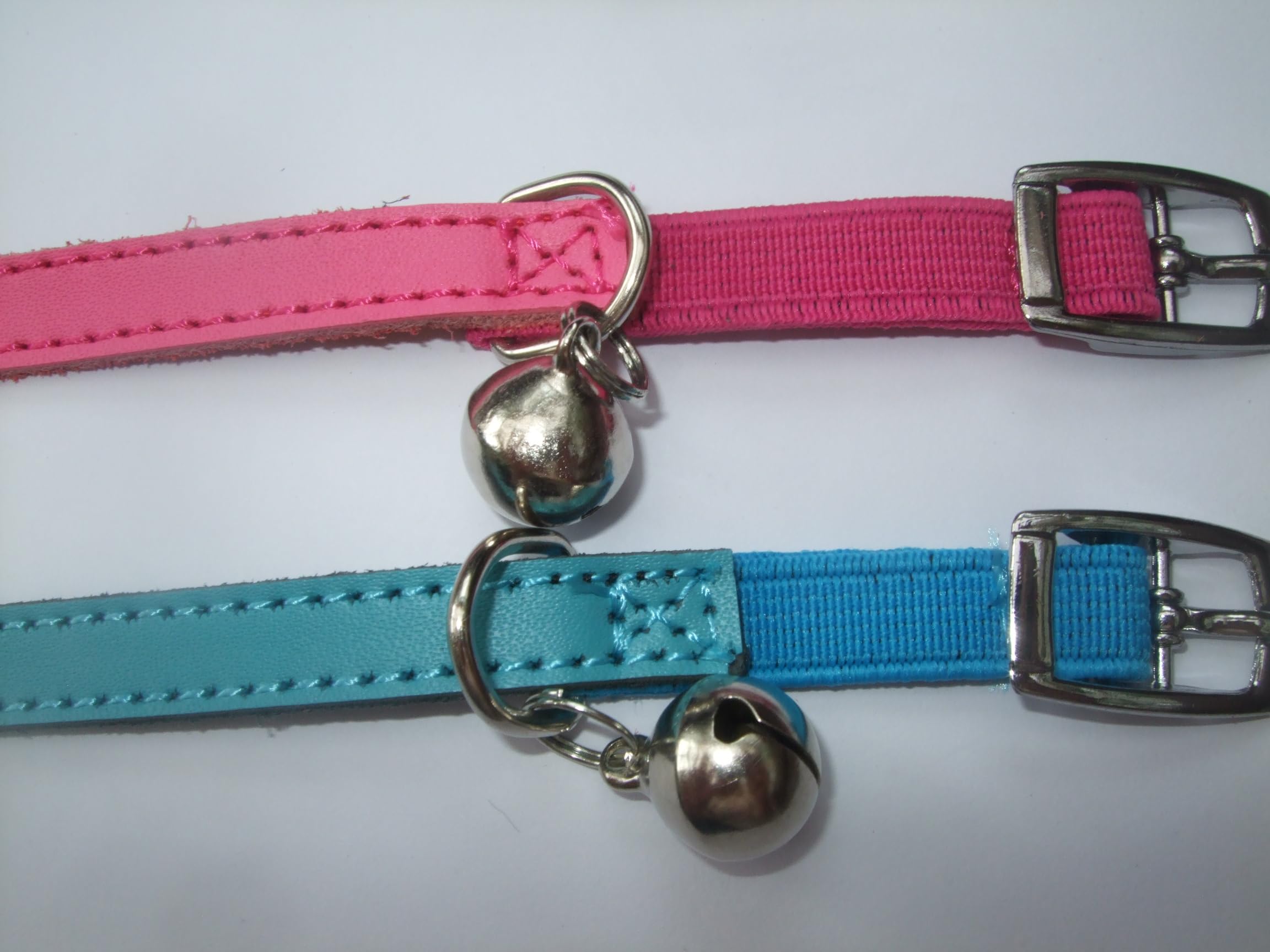 Cat Collar 2 pack set Real Leather Elasicated Safety Elastic bell, Pair Choose colours (Pink and Blue) - Image 3