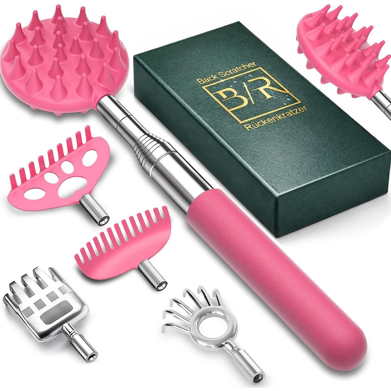 VOMEP Rückenkratzer mit 4 abnehmbaren Köpfen, tragbarer ausziehbarer Rückenkratzer, Geschenke für Damen und Herren, Strumpffüller, Metall-Edelstahl-Massagegerät/Rückschlag zum Kratzen