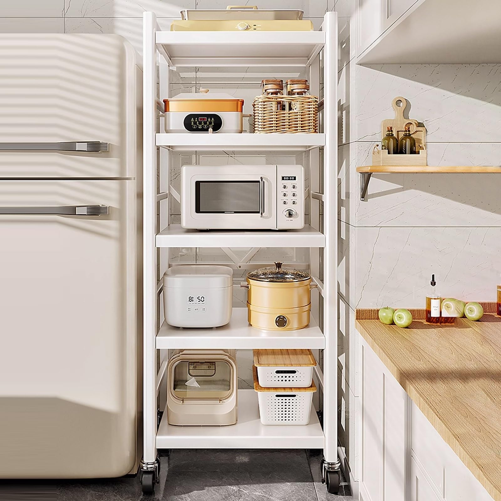 Scaffale da Cucina Pieghevole con Ruote, 5 Ripiani in Ripiano per Microonde per Dispensa, Soggiorno, Bagno, Lavanderia
