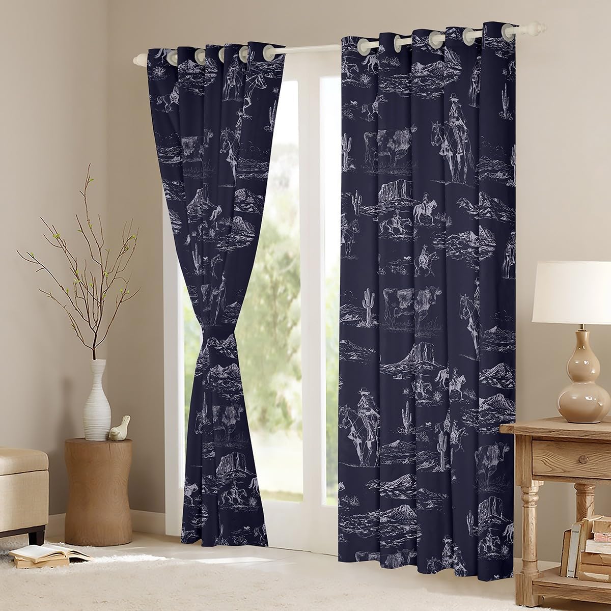 Kids Wild West Cowboy Curtains for Bedroom Living Room (2 Panels, 38 x 45 Inch) Western Decor Darkening Dreapes Boys Girls Teens Decor Rodeo Cowboy Style Blackout Curtains Blue Window Treatments