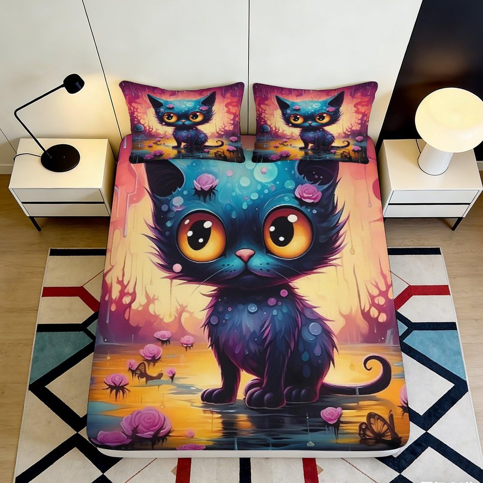 Jqzkxnhpbr Style-2 3D Printed Fantasy Cat Fitted Sheet Microfiber Soft Colorful Cartoon Kitten Mattress Cover For Bedroom Guestroom Decor 90X200x25cm
