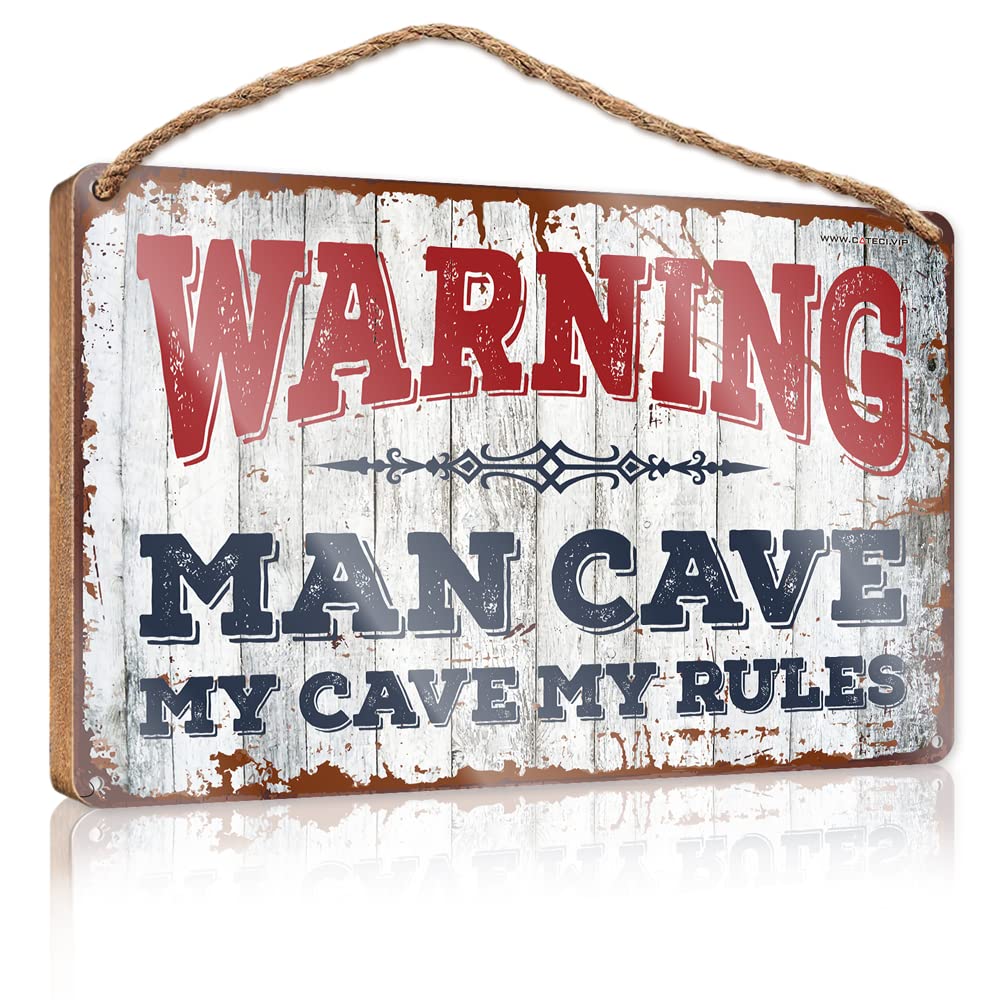 Vintage Bathroom Sign Warning Man Cave My Cave,My Rules Wooden Sign Restroom Sign Funny Door Signs For Home Funny(15X28CM)